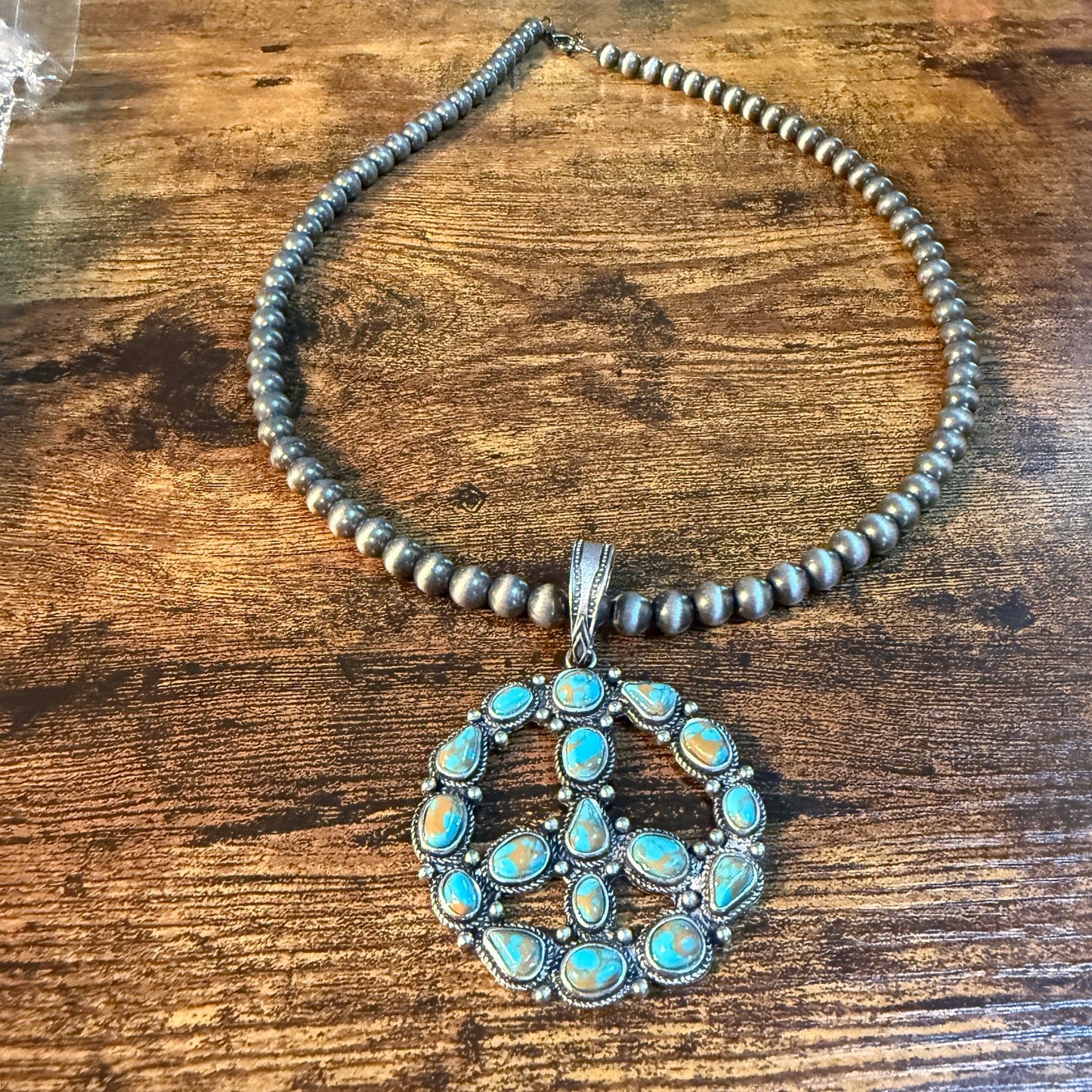 Hippie Blue Turquoise Peace Sign Necklace With Silver Desert Pearl Beads 23 Inch Western Elite Jewelry
