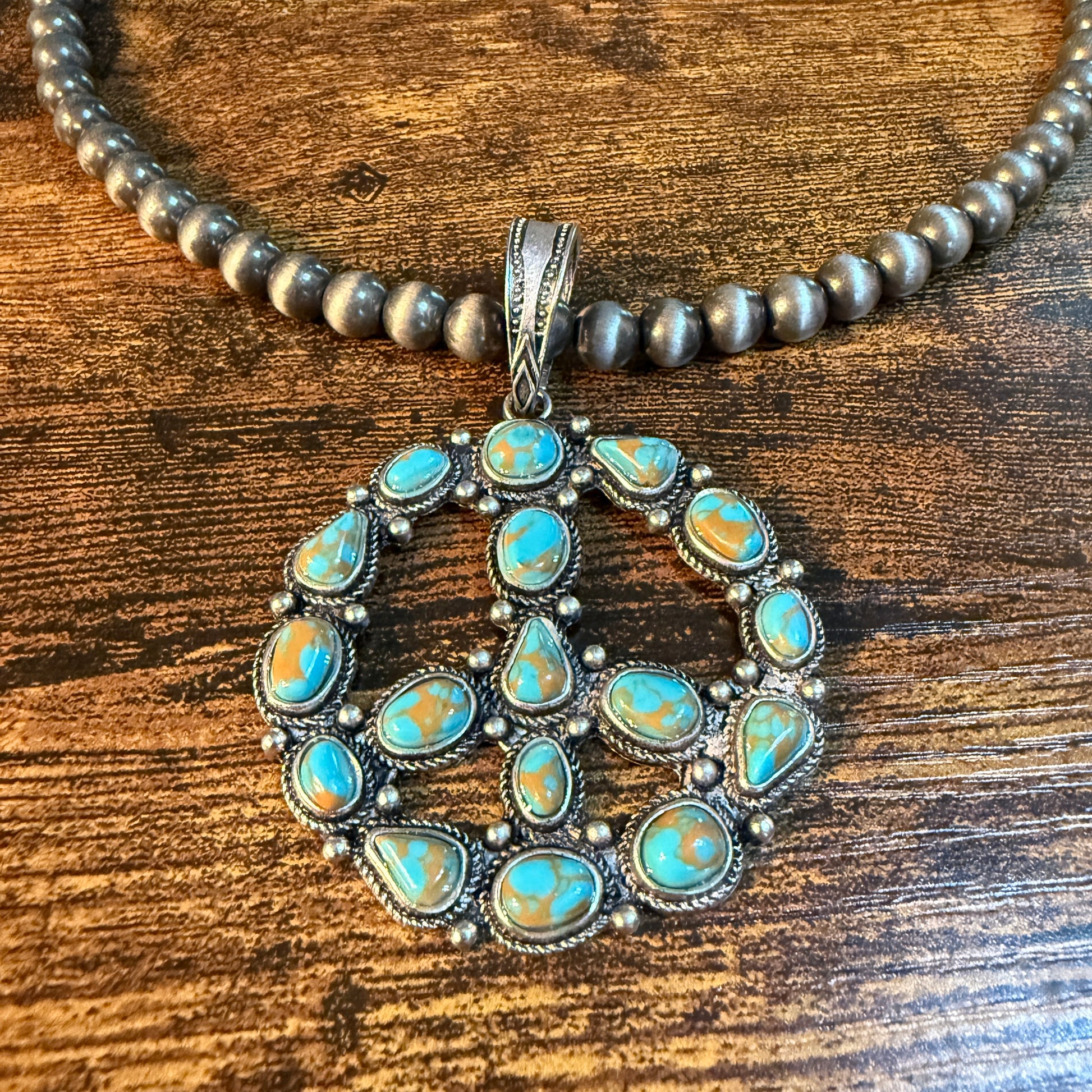 Hippie Blue Turquoise Peace Sign Necklace With Silver Desert Pearl Beads 23 Inch Western Elite Jewelry