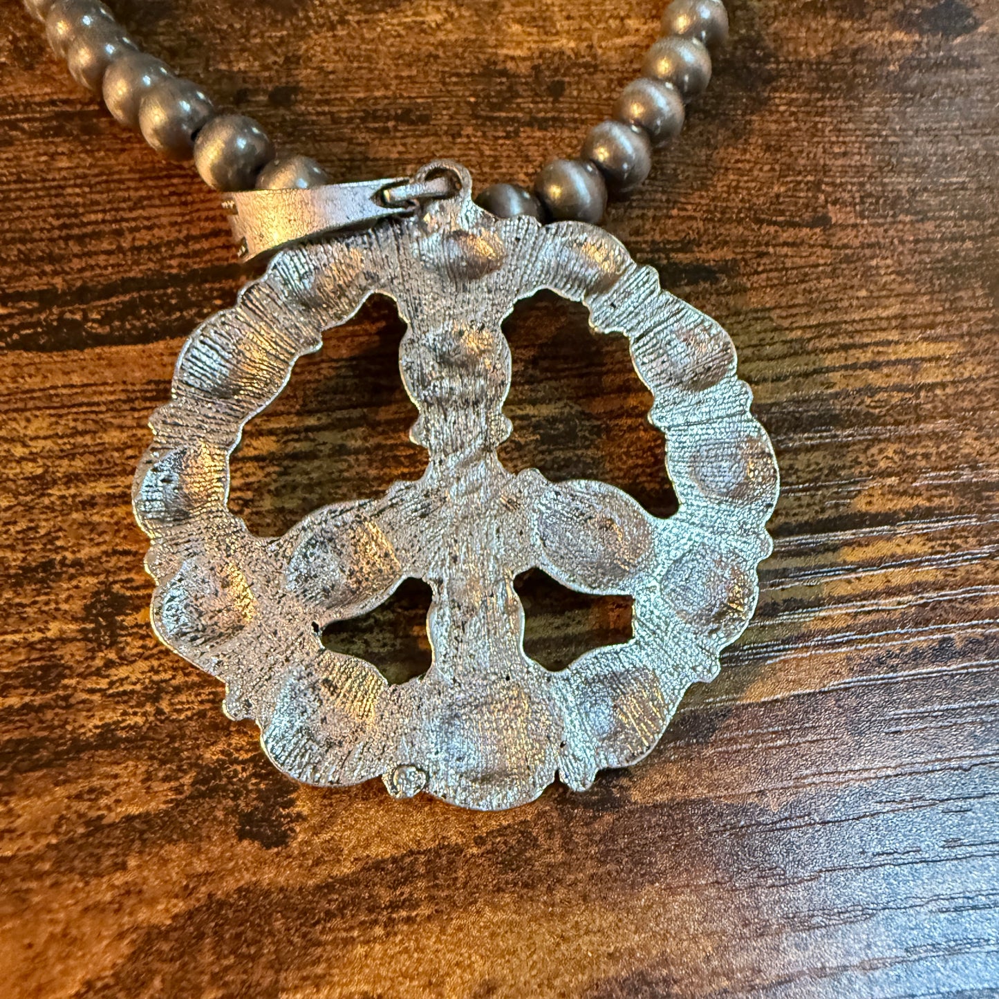 Hippie Blue Turquoise Peace Sign Necklace With Silver Desert Pearl Beads 23 Inch Western Elite Jewelry