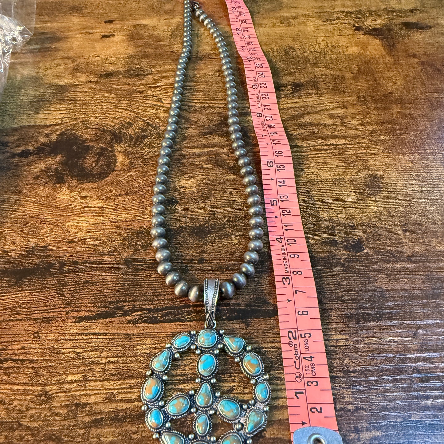 Hippie Blue Turquoise Peace Sign Necklace With Silver Desert Pearl Beads 23 Inch Western Elite Jewelry