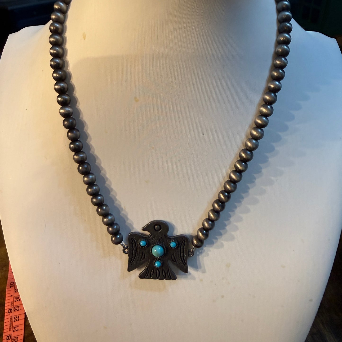 Blue Turquoise Eagle Necklace With Silver Navajo Pearl Beads 16 Inch Wild West Boho
