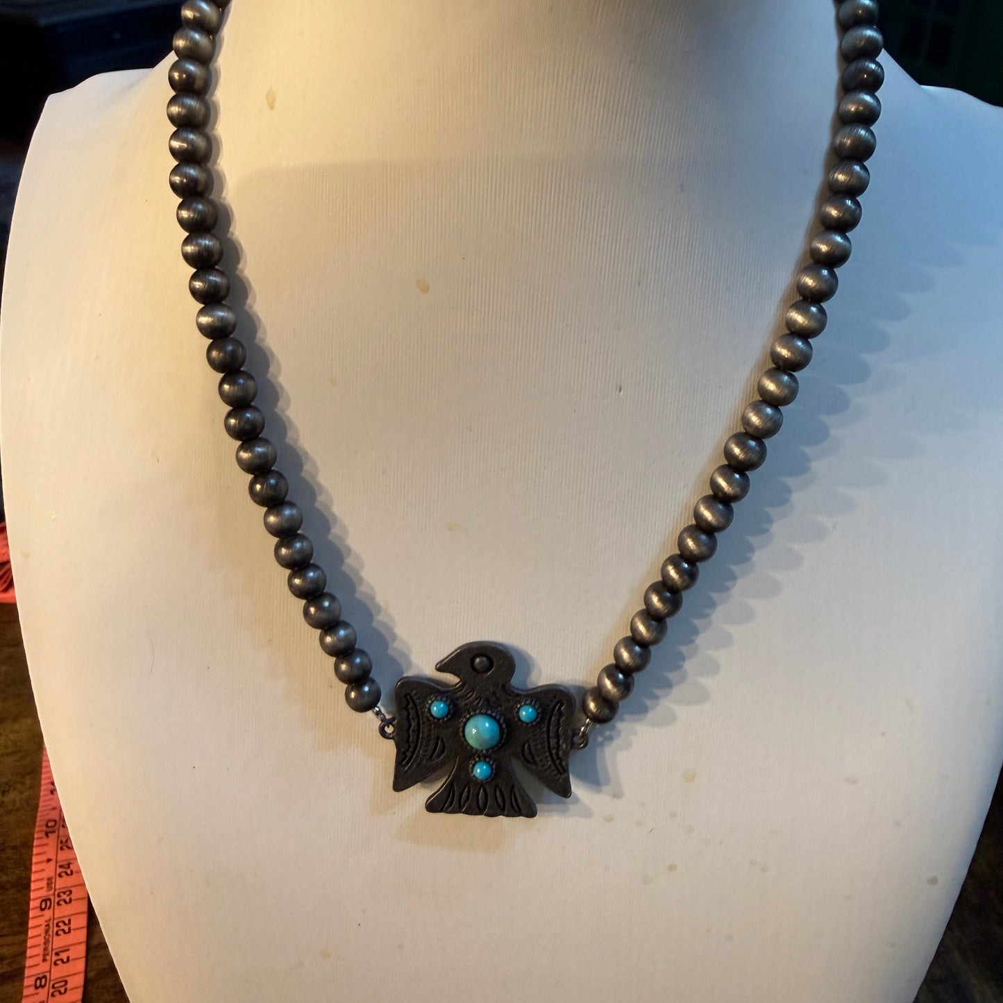 Blue Turquoise Eagle Necklace With Silver Navajo Pearl Beads 16 Inch Wild West Boho
