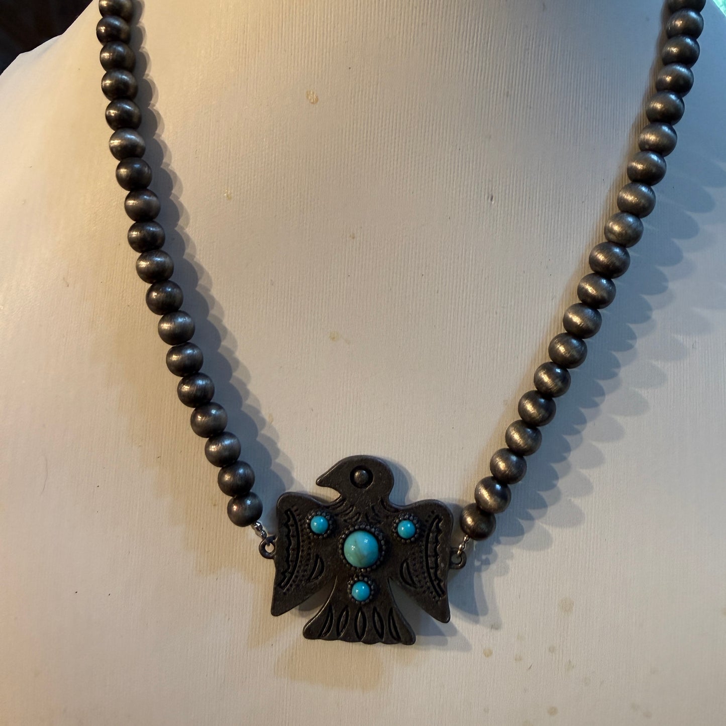 Blue Turquoise Eagle Necklace With Silver Navajo Pearl Beads 16 Inch Wild West Boho