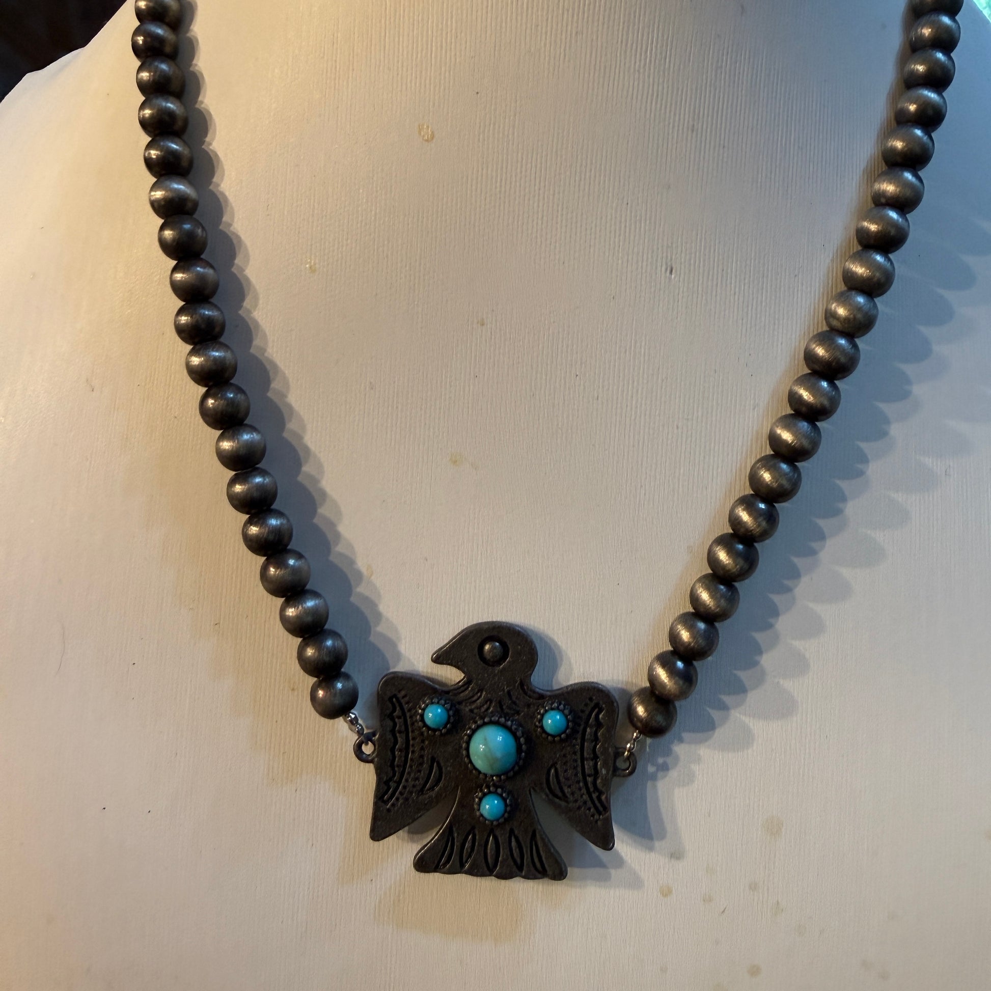 Blue Turquoise Eagle Necklace With Silver Navajo Pearl Beads 16 Inch Wild West Boho