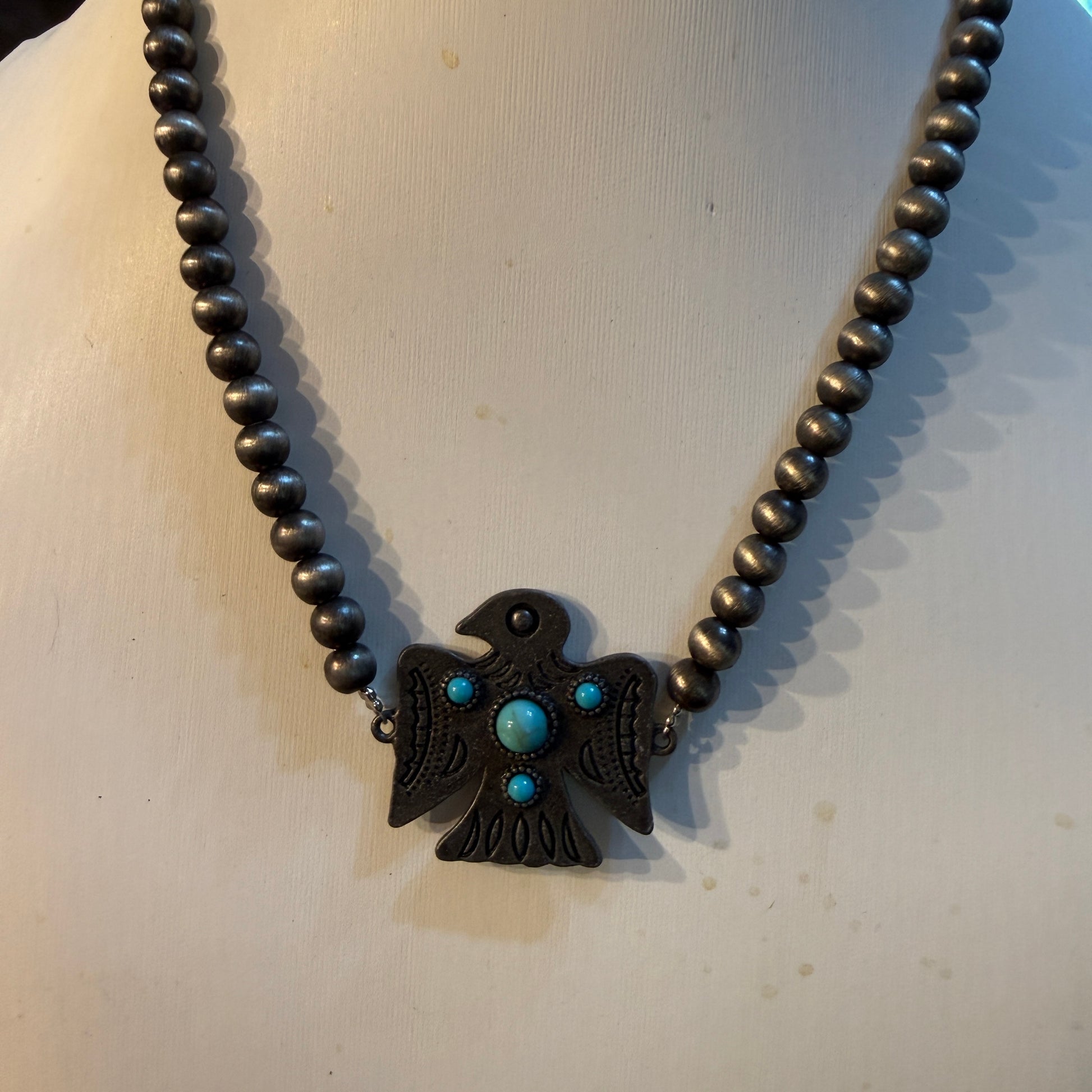 Blue Turquoise Eagle Necklace With Silver Navajo Pearl Beads 16 Inch Wild West Boho