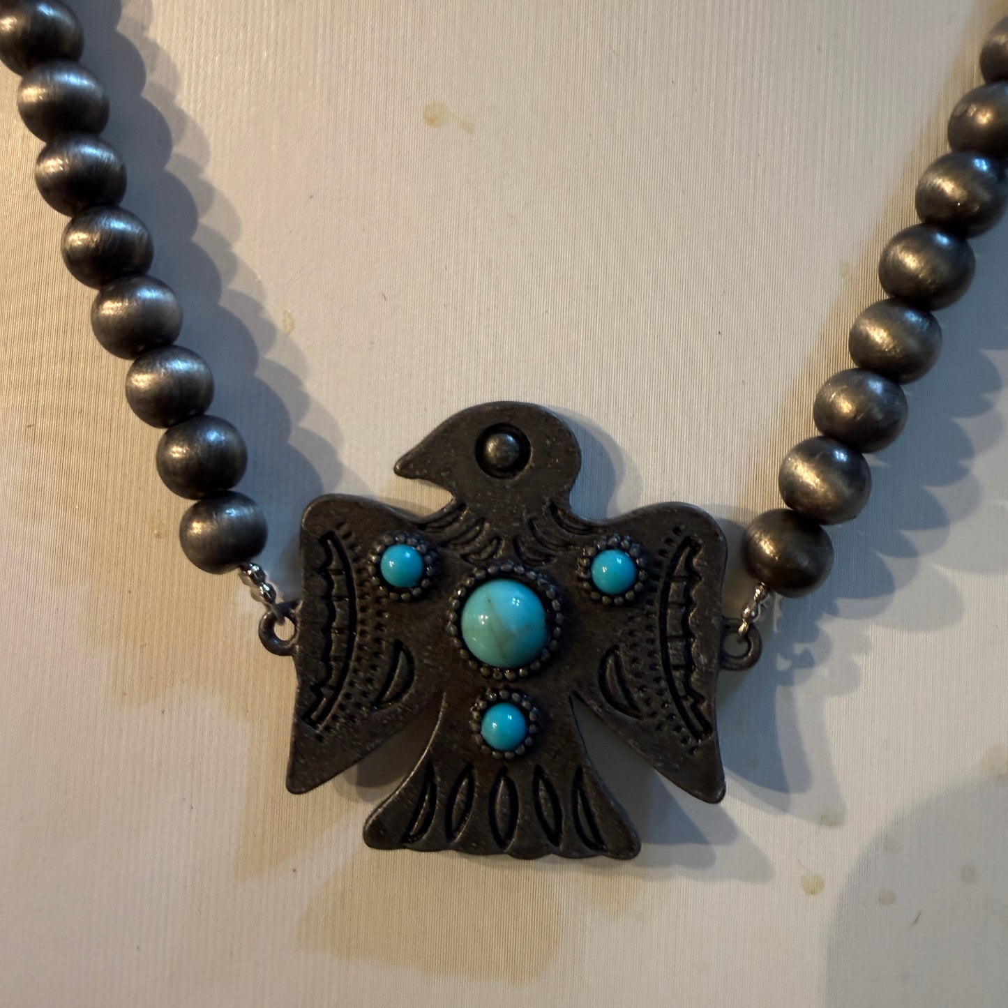 Blue Turquoise Eagle Necklace With Silver Navajo Pearl Beads 16 Inch Wild West Boho