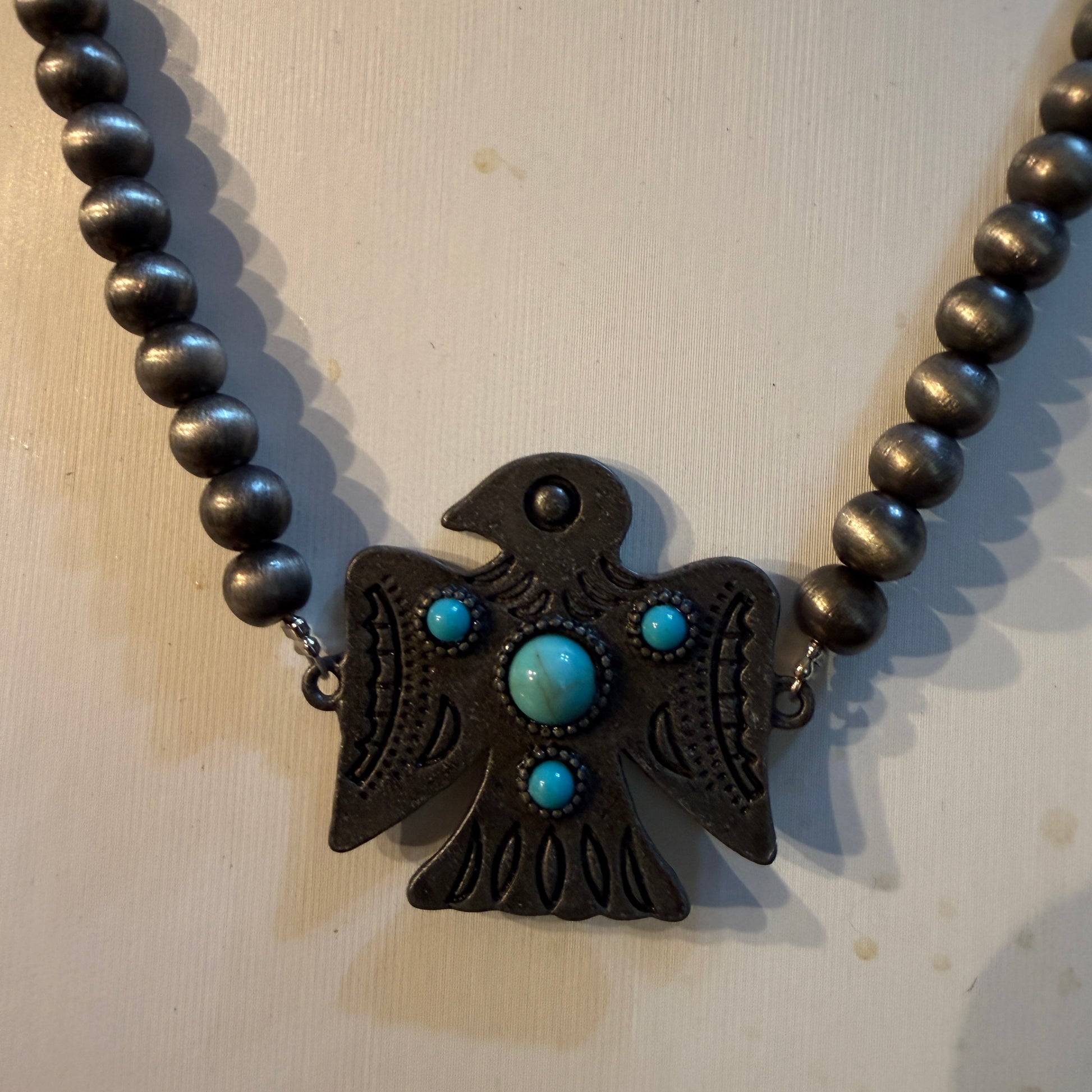 Blue Turquoise Eagle Necklace With Silver Navajo Pearl Beads 16 Inch Wild West Boho