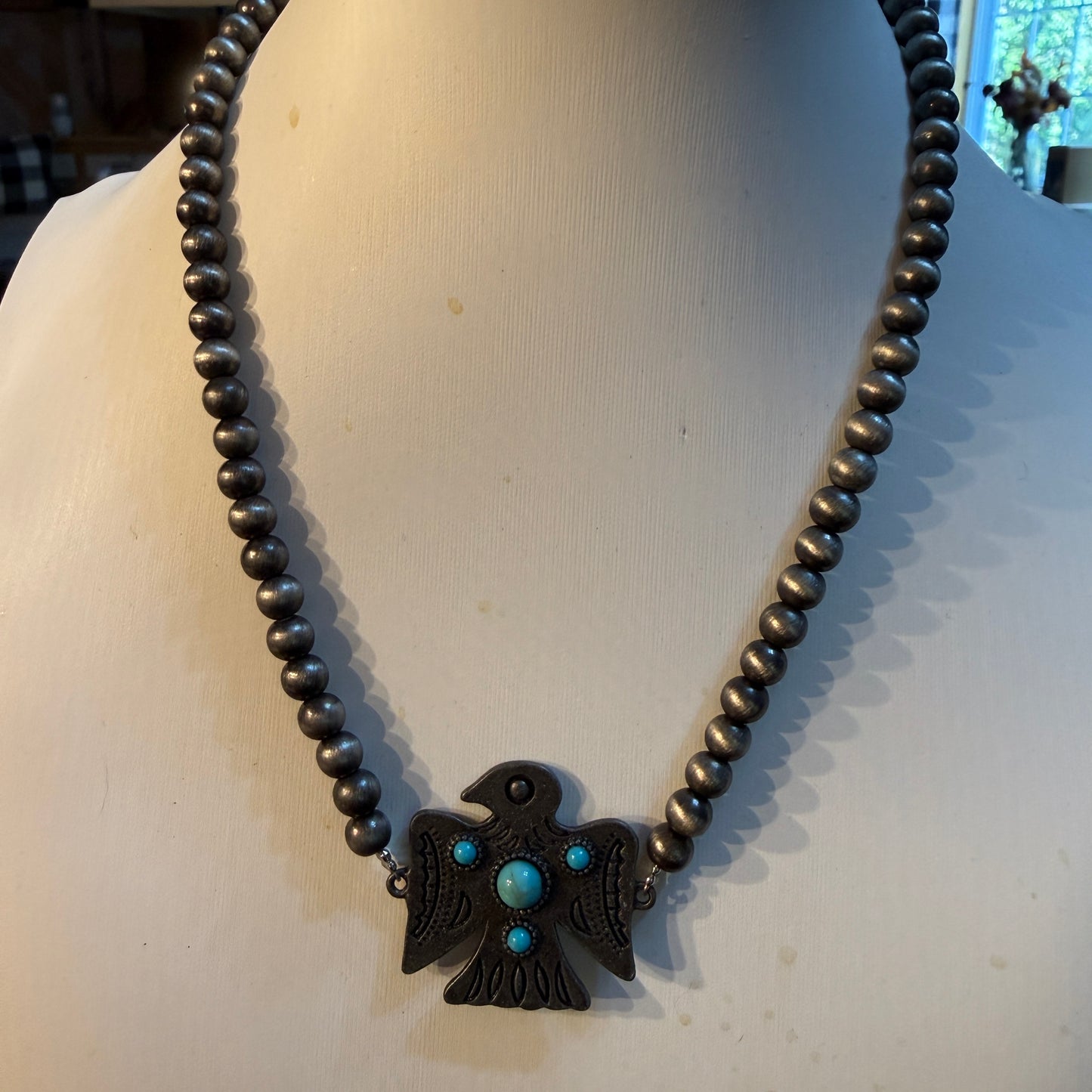 Blue Turquoise Eagle Necklace With Silver Navajo Pearl Beads 16 Inch Wild West Boho