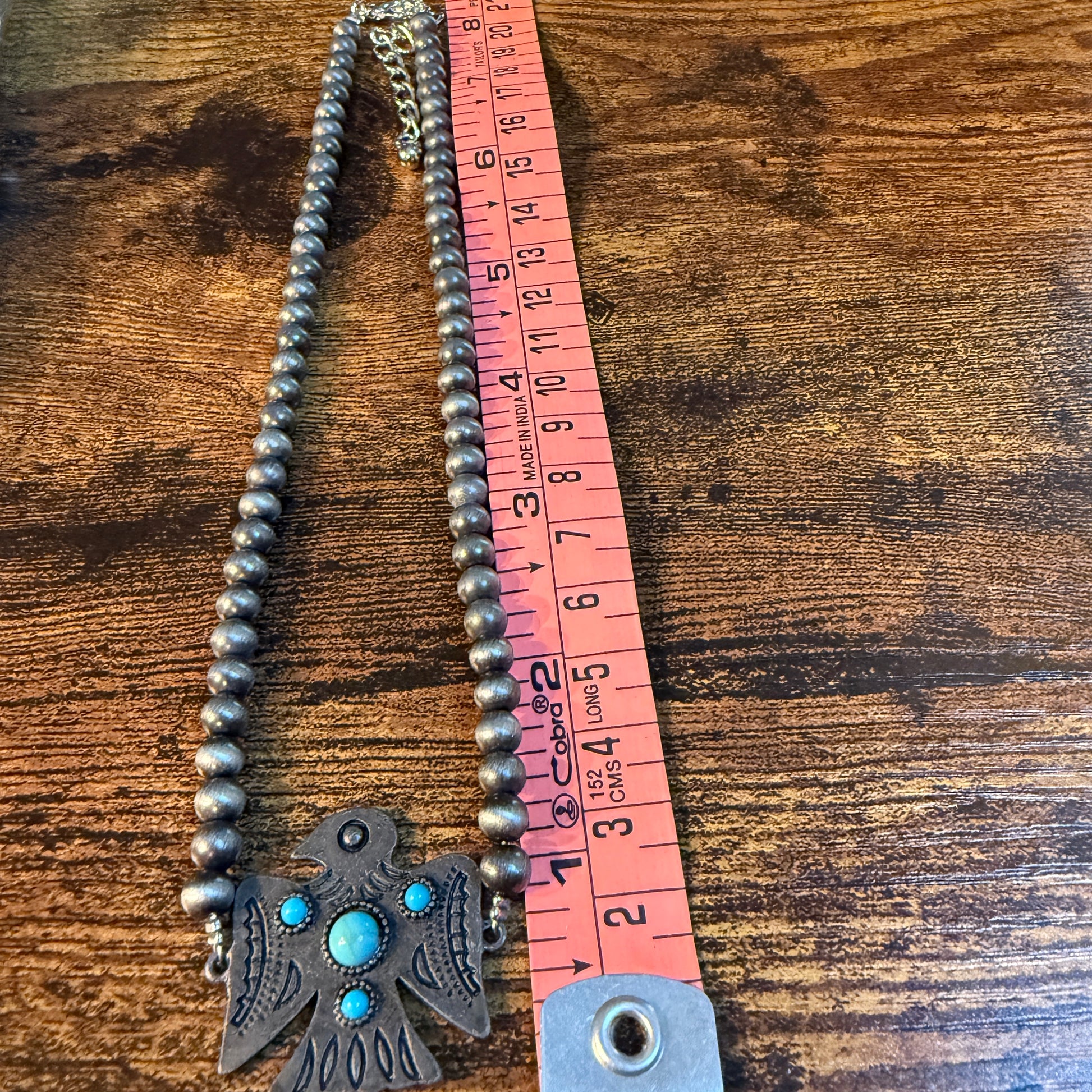 Blue Turquoise Eagle Necklace With Silver Navajo Pearl Beads 16 Inch Wild West Boho