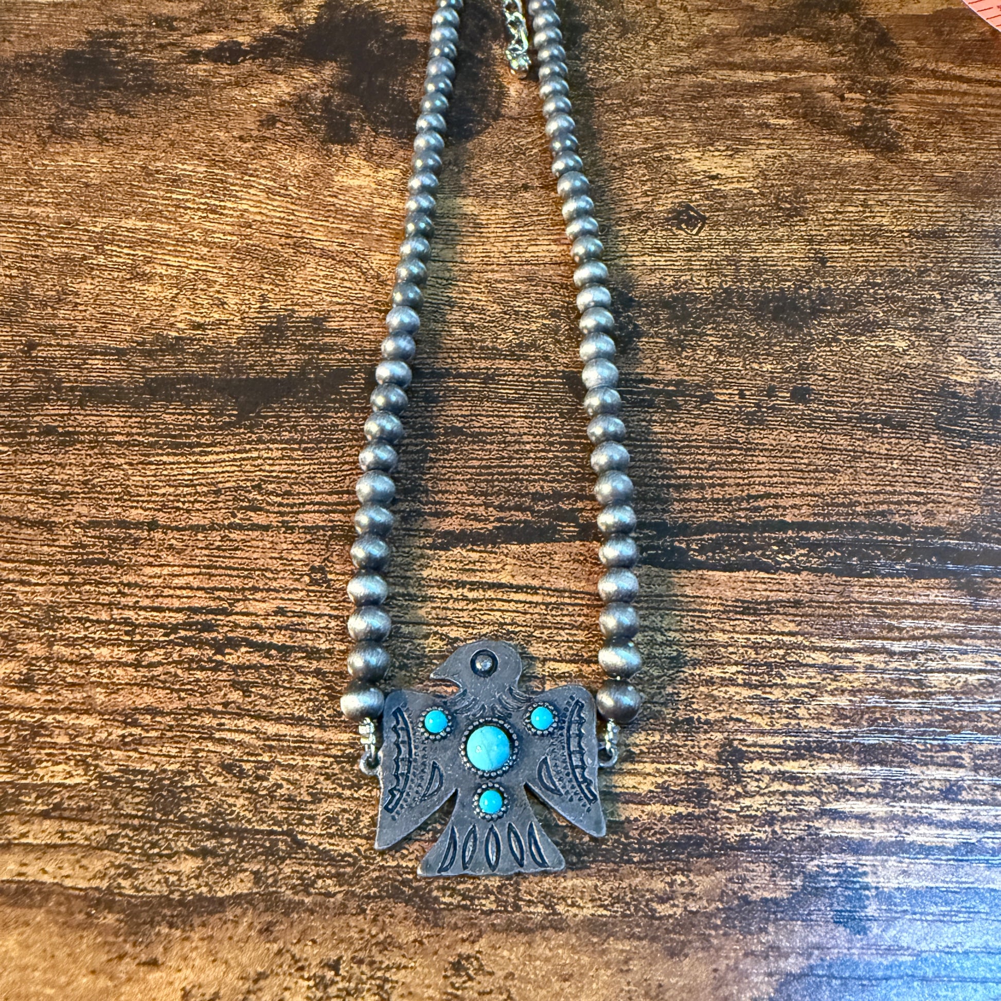 Blue Turquoise Eagle Necklace With Silver Navajo Pearl Beads 16 Inch Wild West Boho