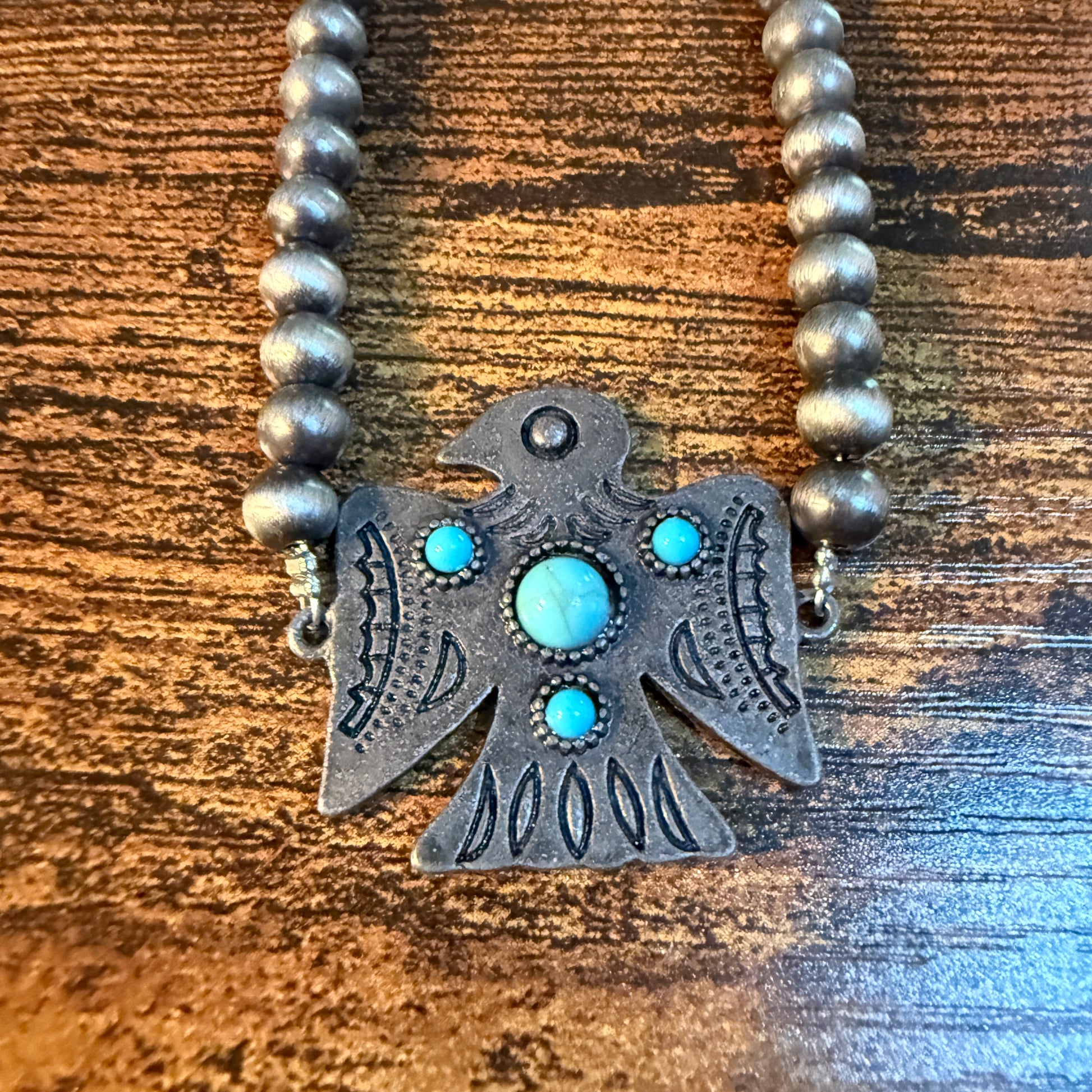 Blue Turquoise Eagle Necklace With Silver Navajo Pearl Beads 16 Inch Wild West Boho