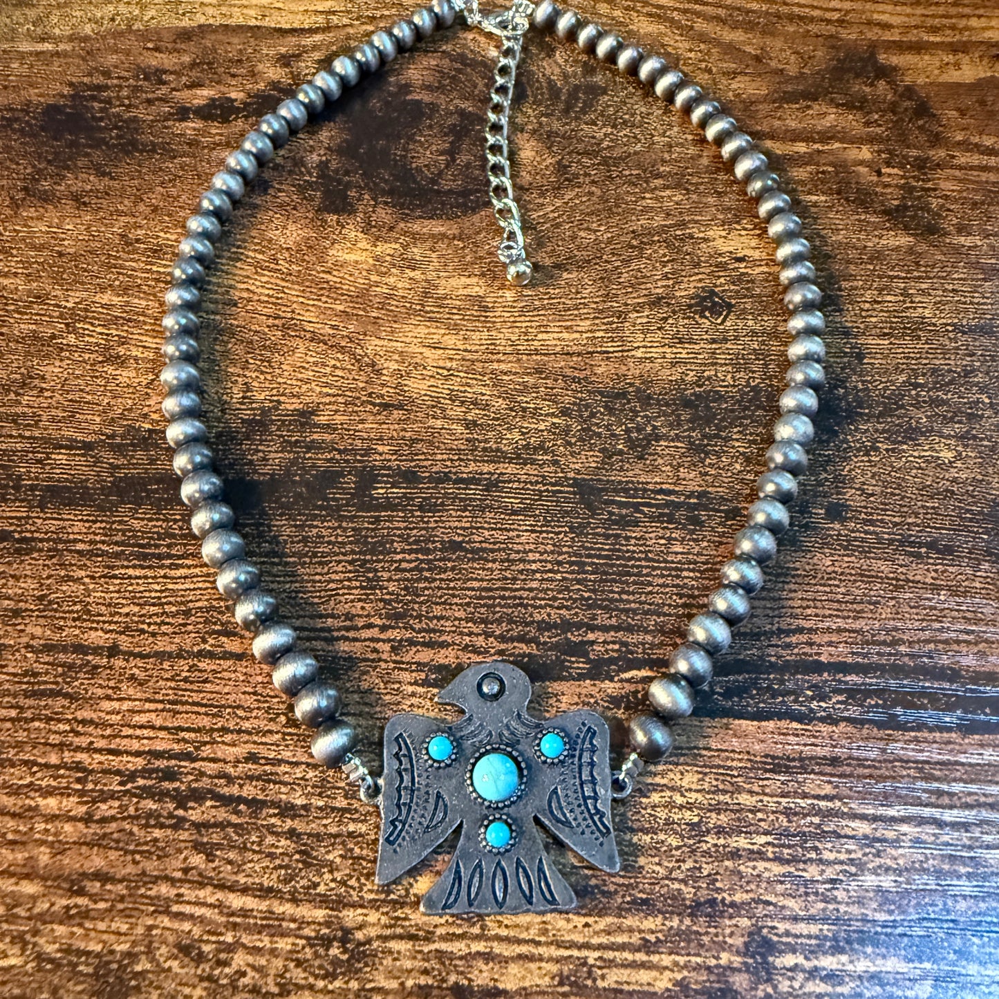 Blue Turquoise Eagle Necklace With Silver Navajo Pearl Beads 16 Inch Wild West Boho