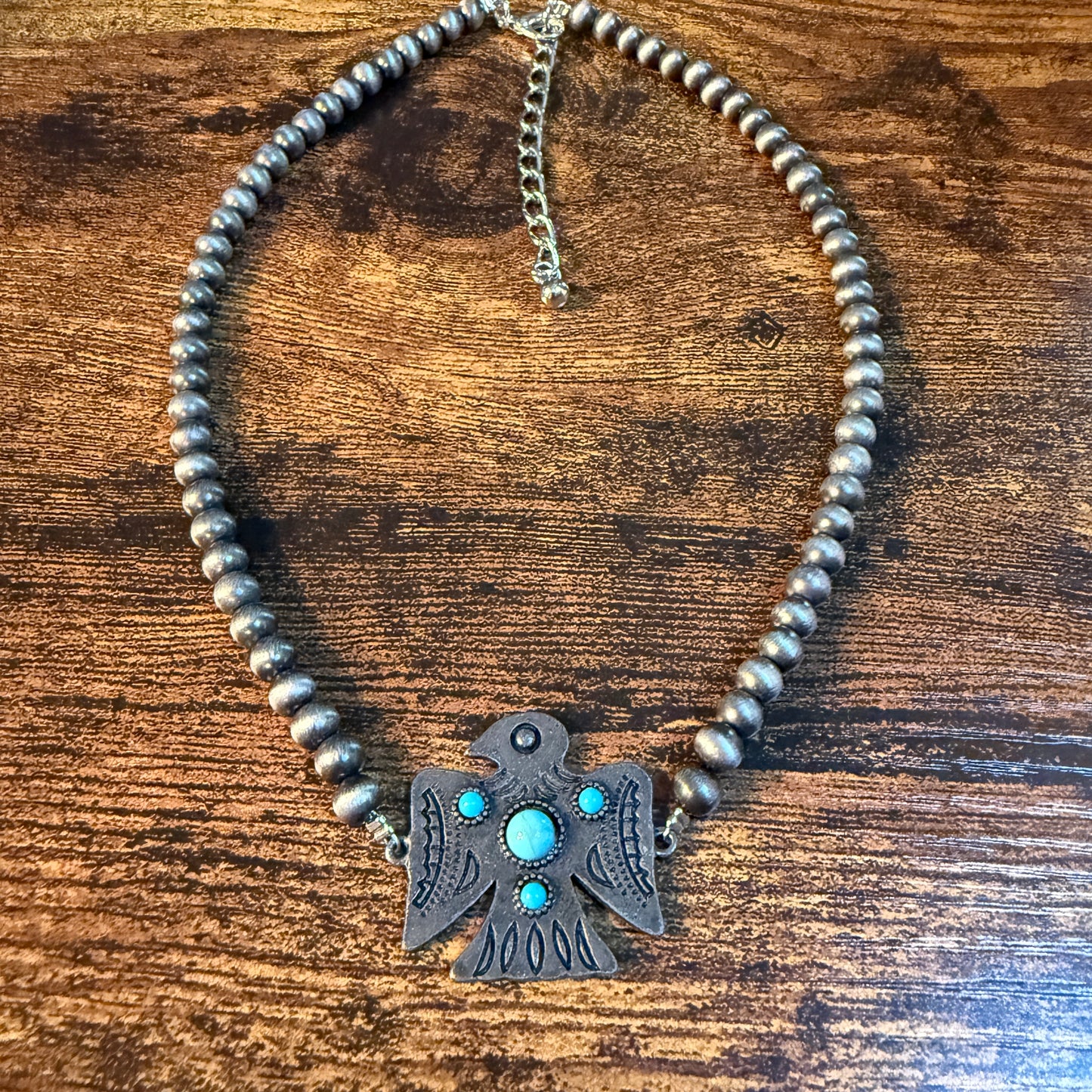 Blue Turquoise Eagle Necklace With Silver Navajo Pearl Beads 16 Inch Wild West Boho