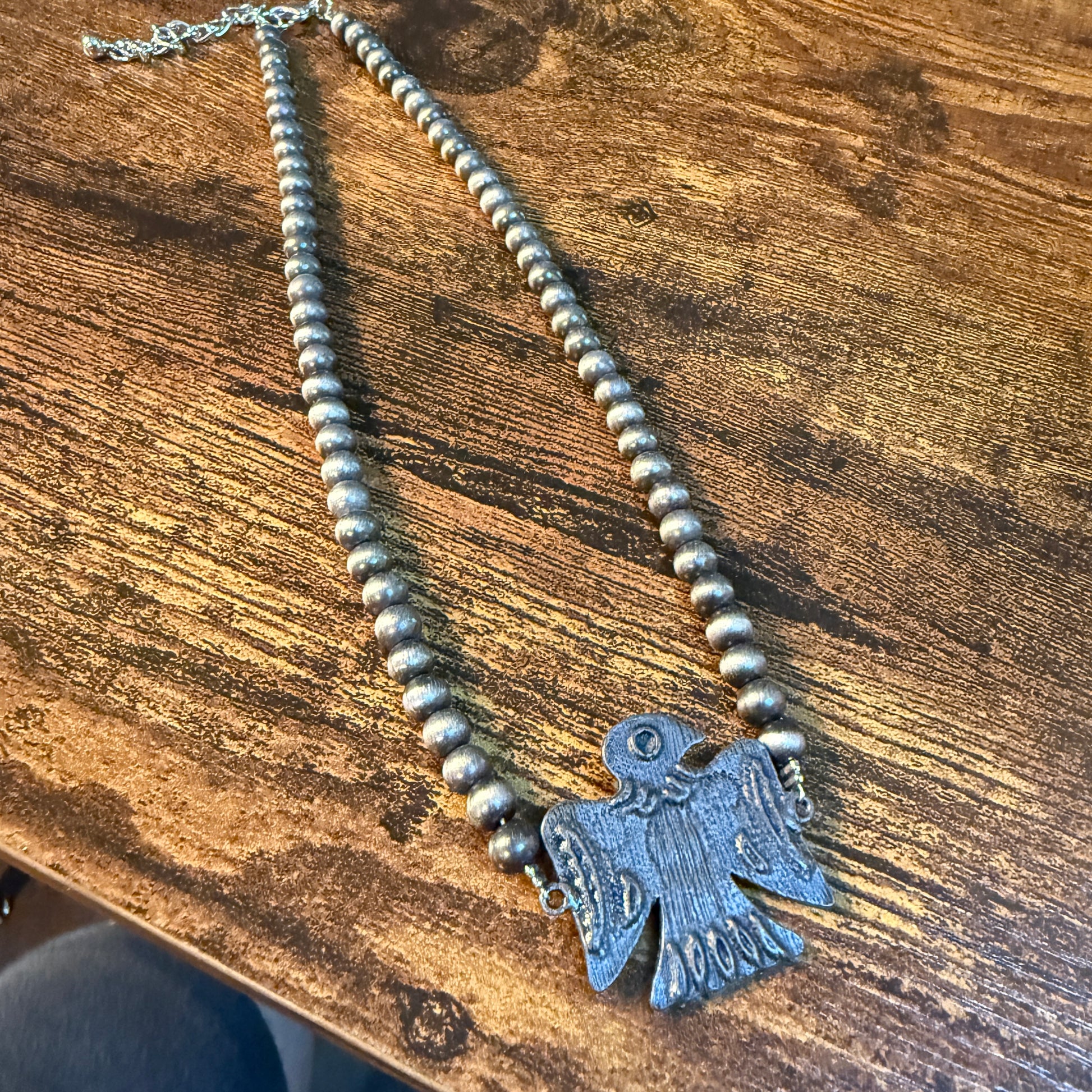 Blue Turquoise Eagle Necklace With Silver Navajo Pearl Beads 16 Inch Wild West Boho