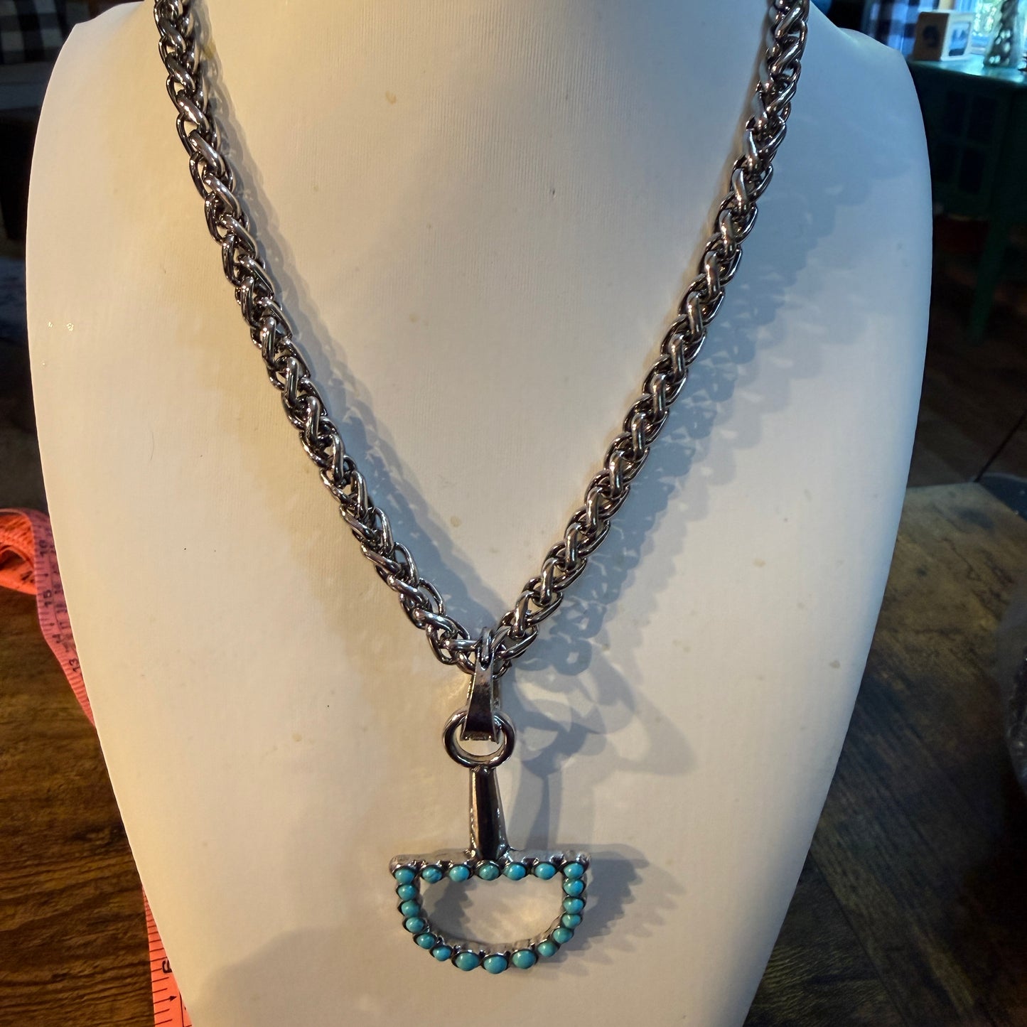 Southwestern Blue Turquoise Horse Bit Pendant Necklace 22 Inch Silver Chain Wild West Boho