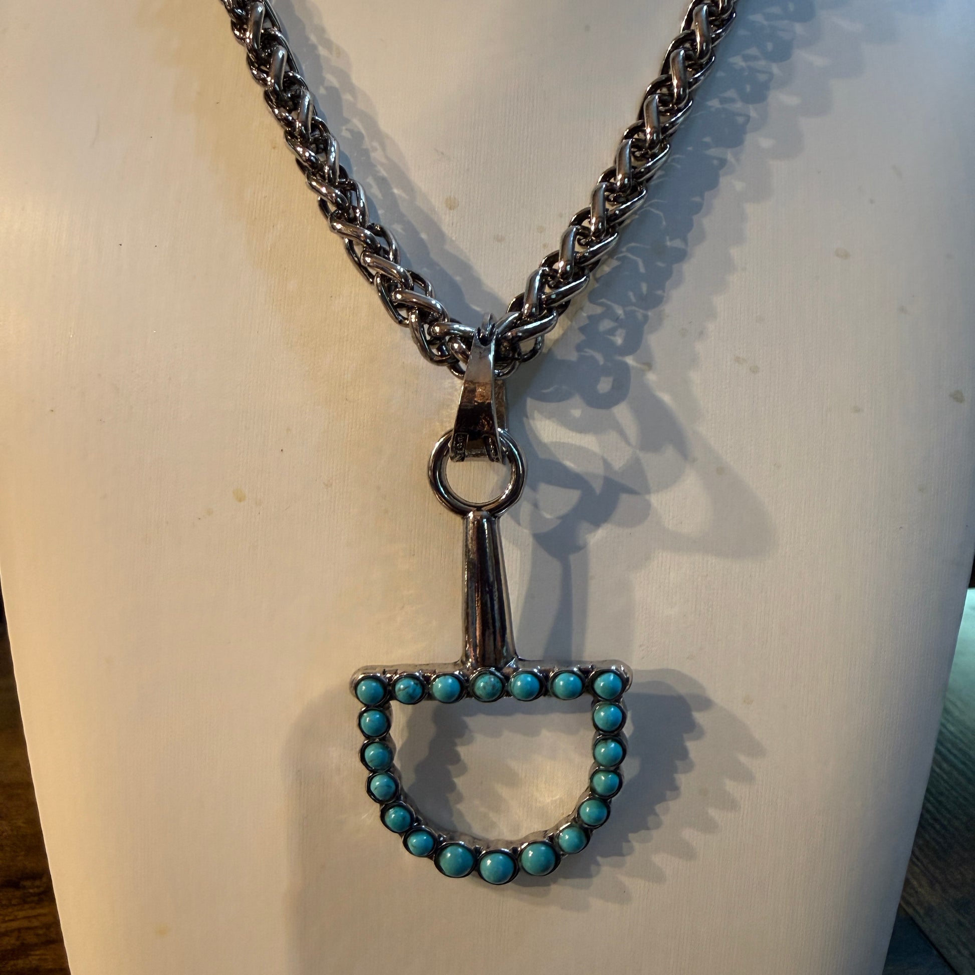 Southwestern Blue Turquoise Horse Bit Pendant Necklace 22 Inch Silver Chain Wild West Boho