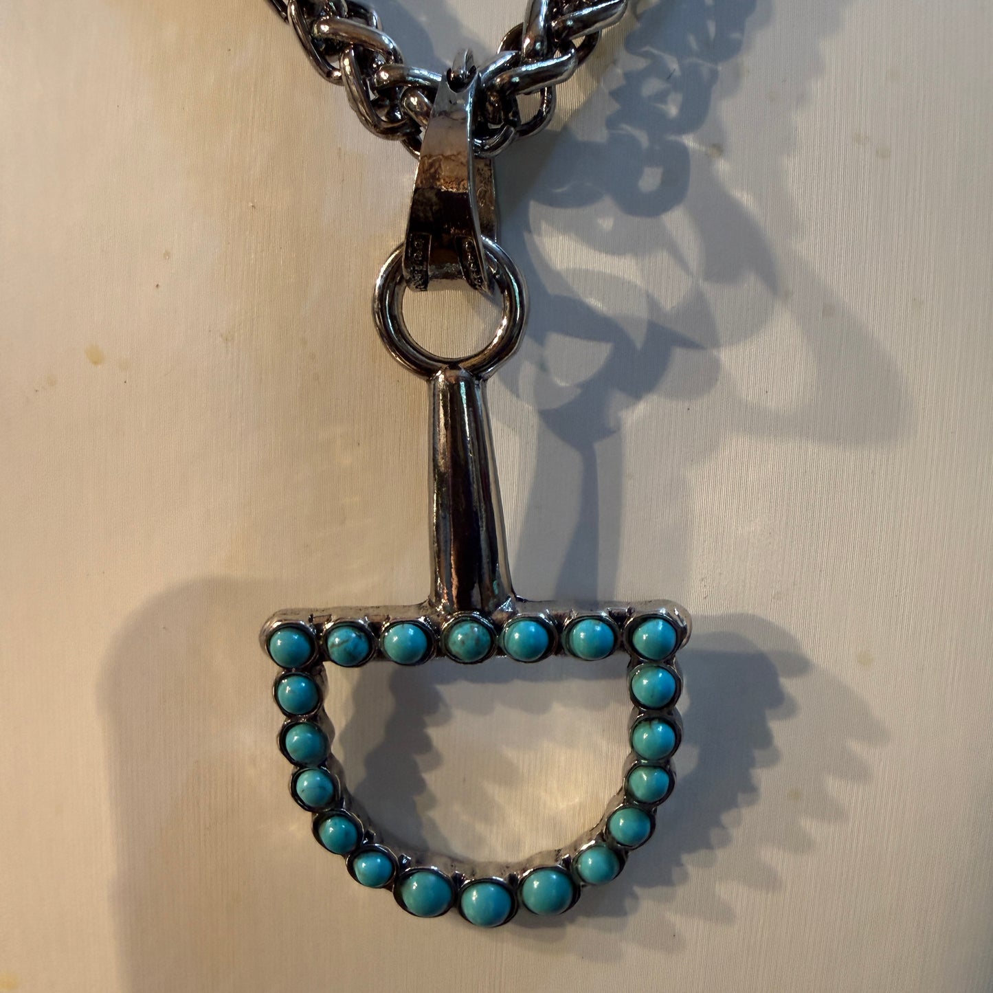 Southwestern Blue Turquoise Horse Bit Pendant Necklace 22 Inch Silver Chain Wild West Boho