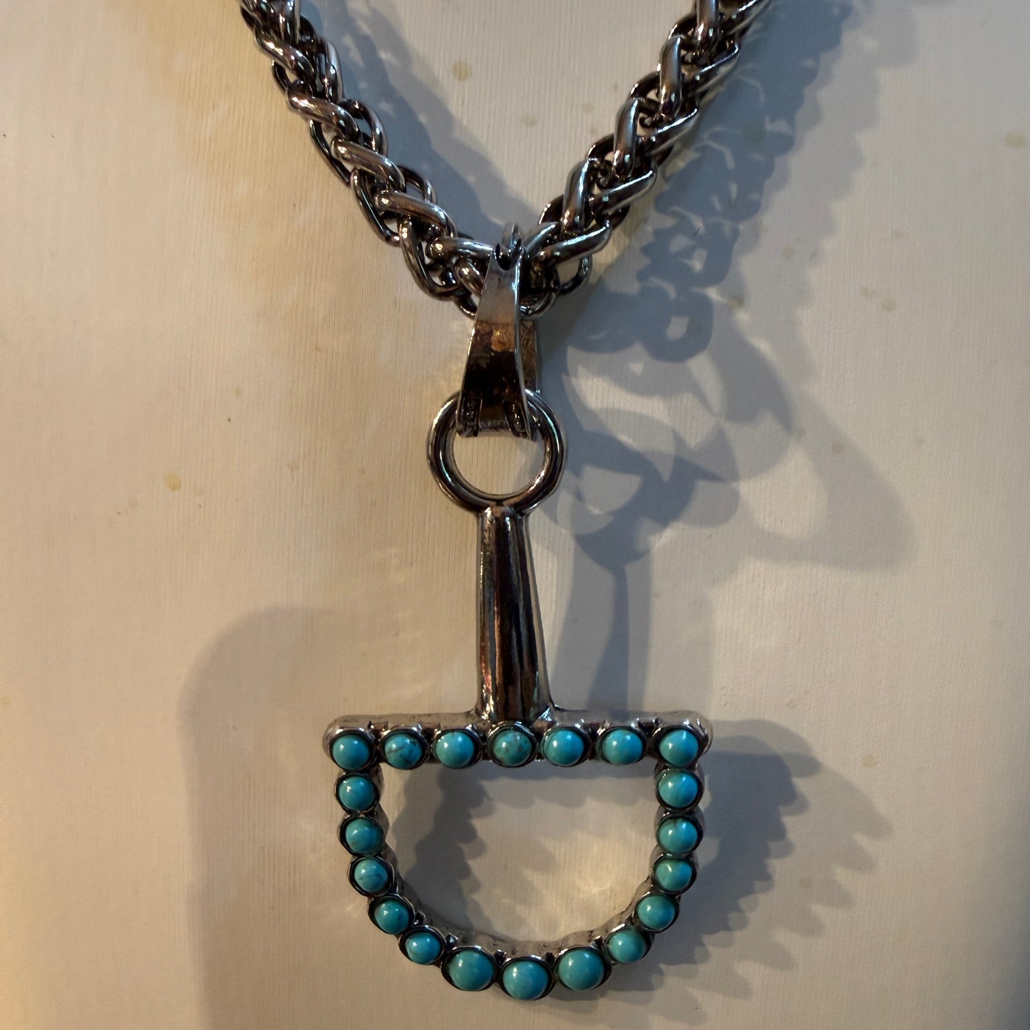 Southwestern Blue Turquoise Horse Bit Pendant Necklace 22 Inch Silver Chain Wild West Boho