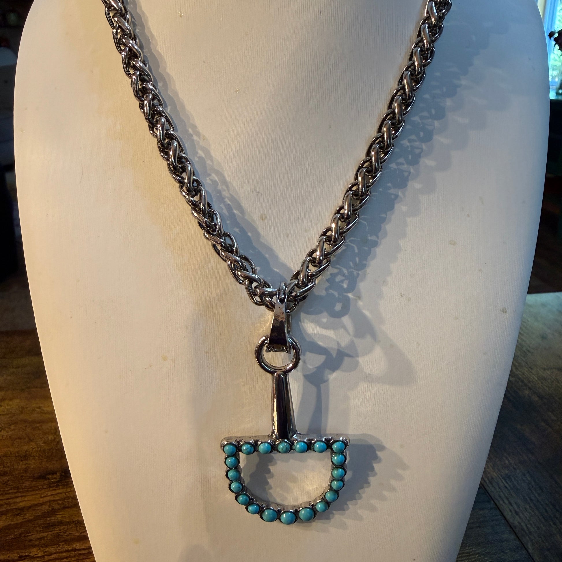 Southwestern Blue Turquoise Horse Bit Pendant Necklace 22 Inch Silver Chain Wild West Boho