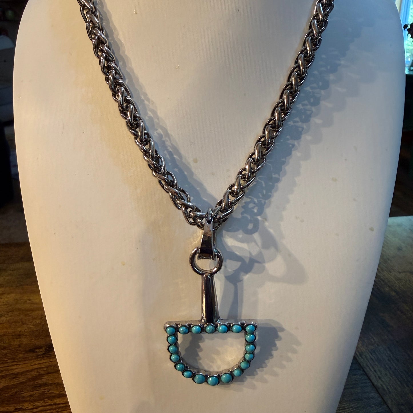 Southwestern Blue Turquoise Horse Bit Pendant Necklace 22 Inch Silver Chain Wild West Boho