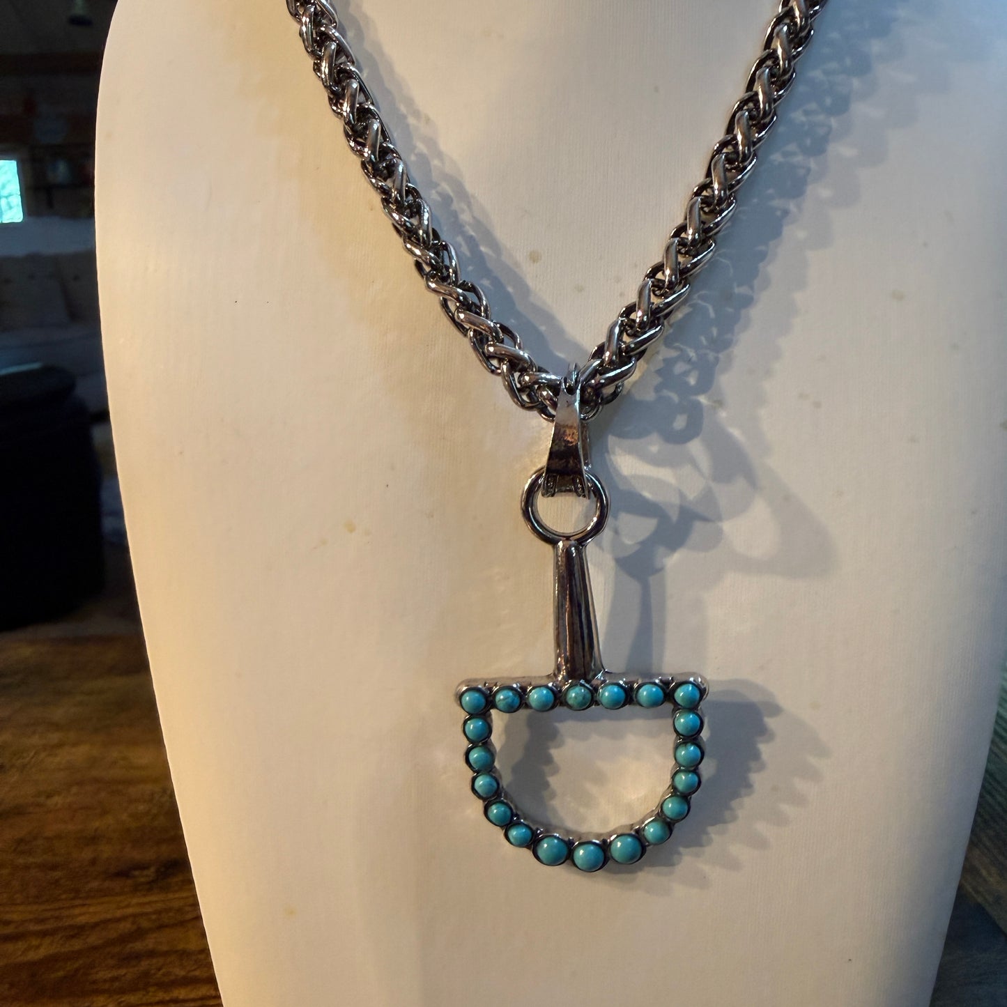 Southwestern Blue Turquoise Horse Bit Pendant Necklace 22 Inch Silver Chain Wild West Boho