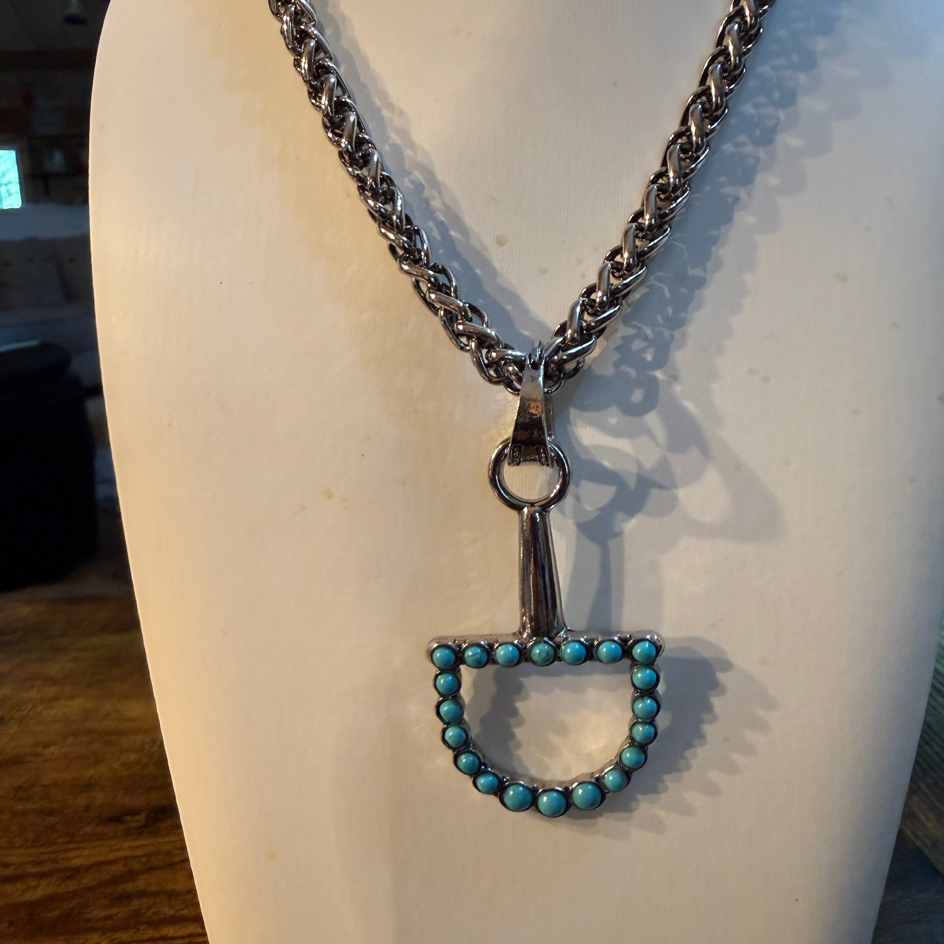 Southwestern Blue Turquoise Horse Bit Pendant Necklace 22 Inch Silver Chain Wild West Boho