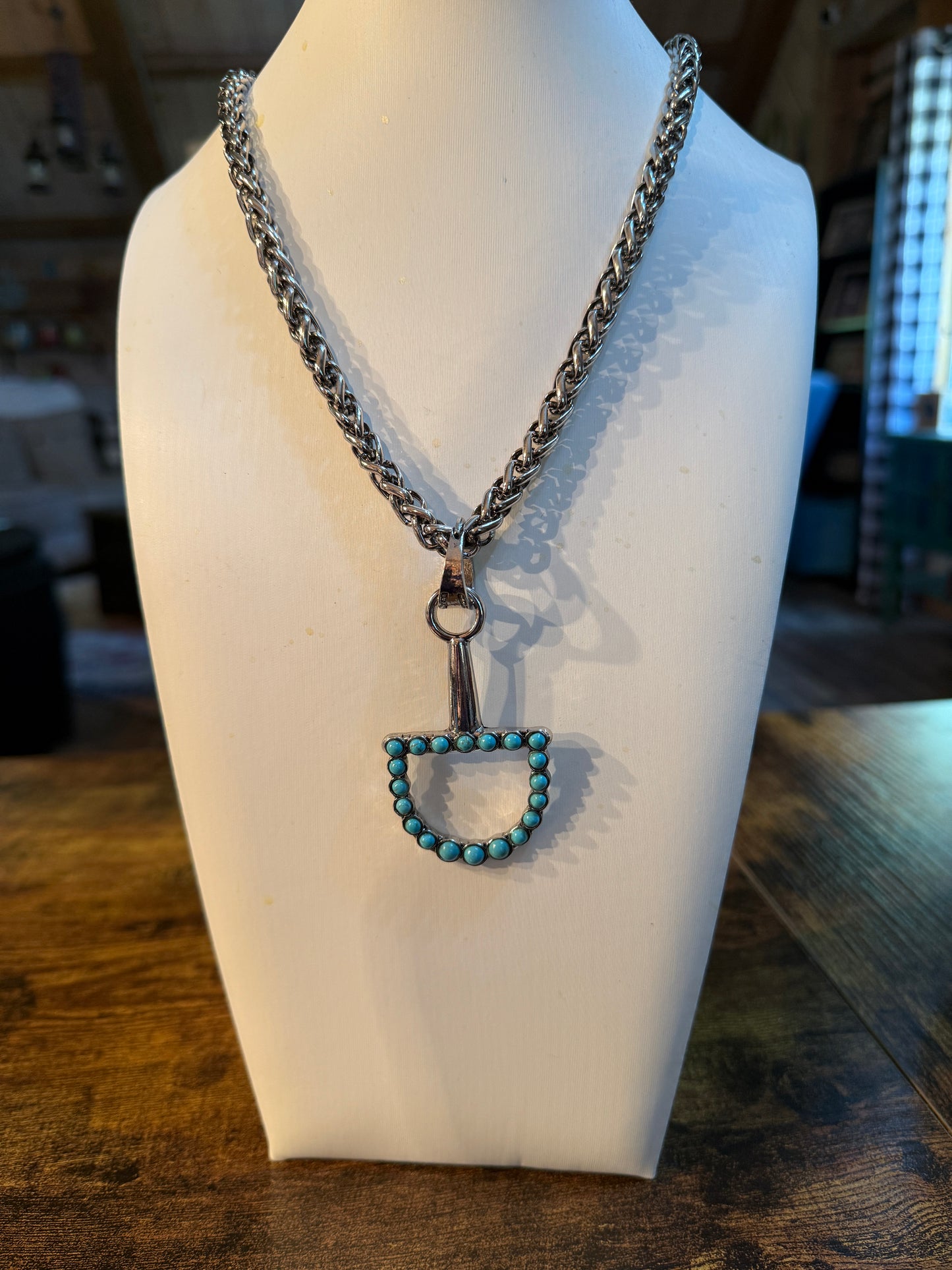 Southwestern Blue Turquoise Horse Bit Pendant Necklace 22 Inch Silver Chain Wild West Boho