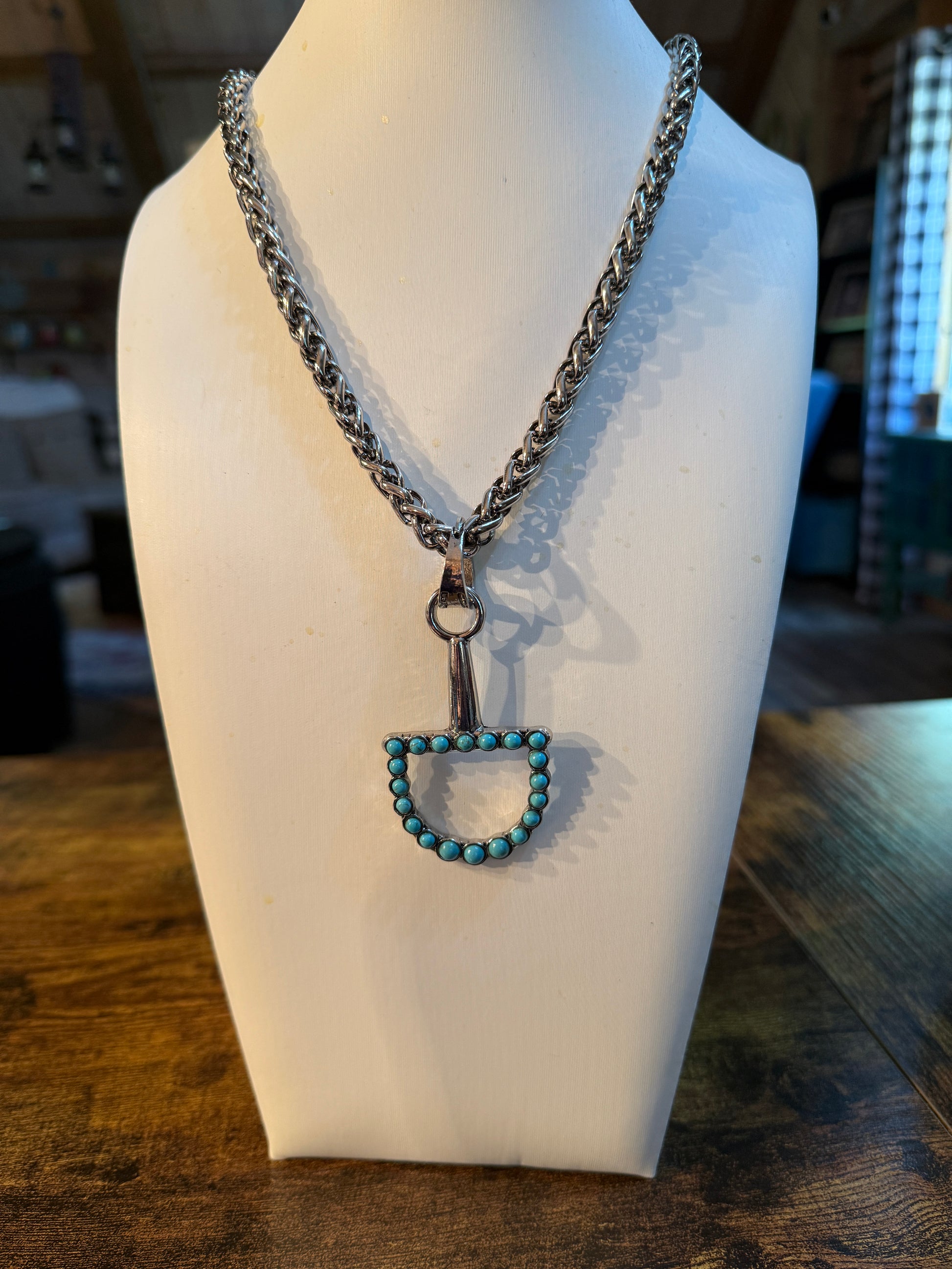 Southwestern Blue Turquoise Horse Bit Pendant Necklace 22 Inch Silver Chain Wild West Boho
