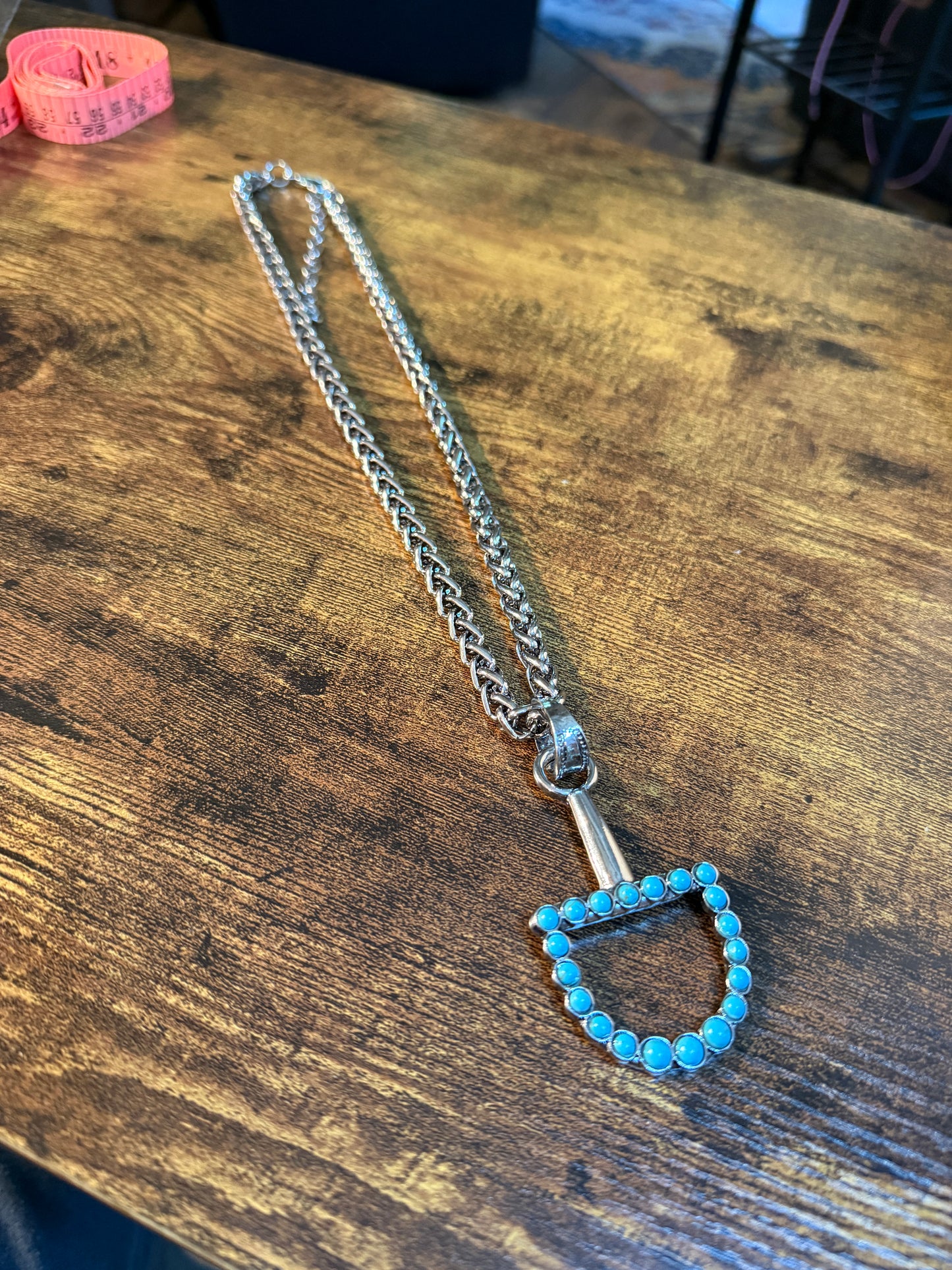 Southwestern Blue Turquoise Horse Bit Pendant Necklace 22 Inch Silver Chain Wild West Boho