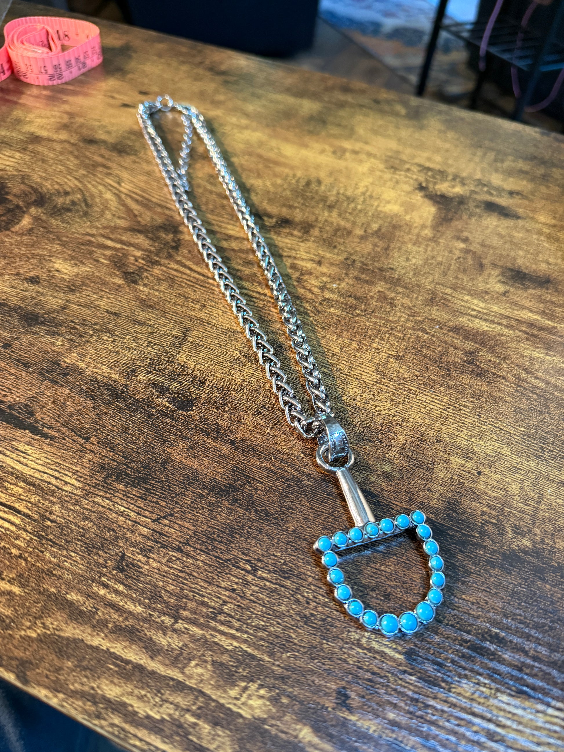 Southwestern Blue Turquoise Horse Bit Pendant Necklace 22 Inch Silver Chain Wild West Boho