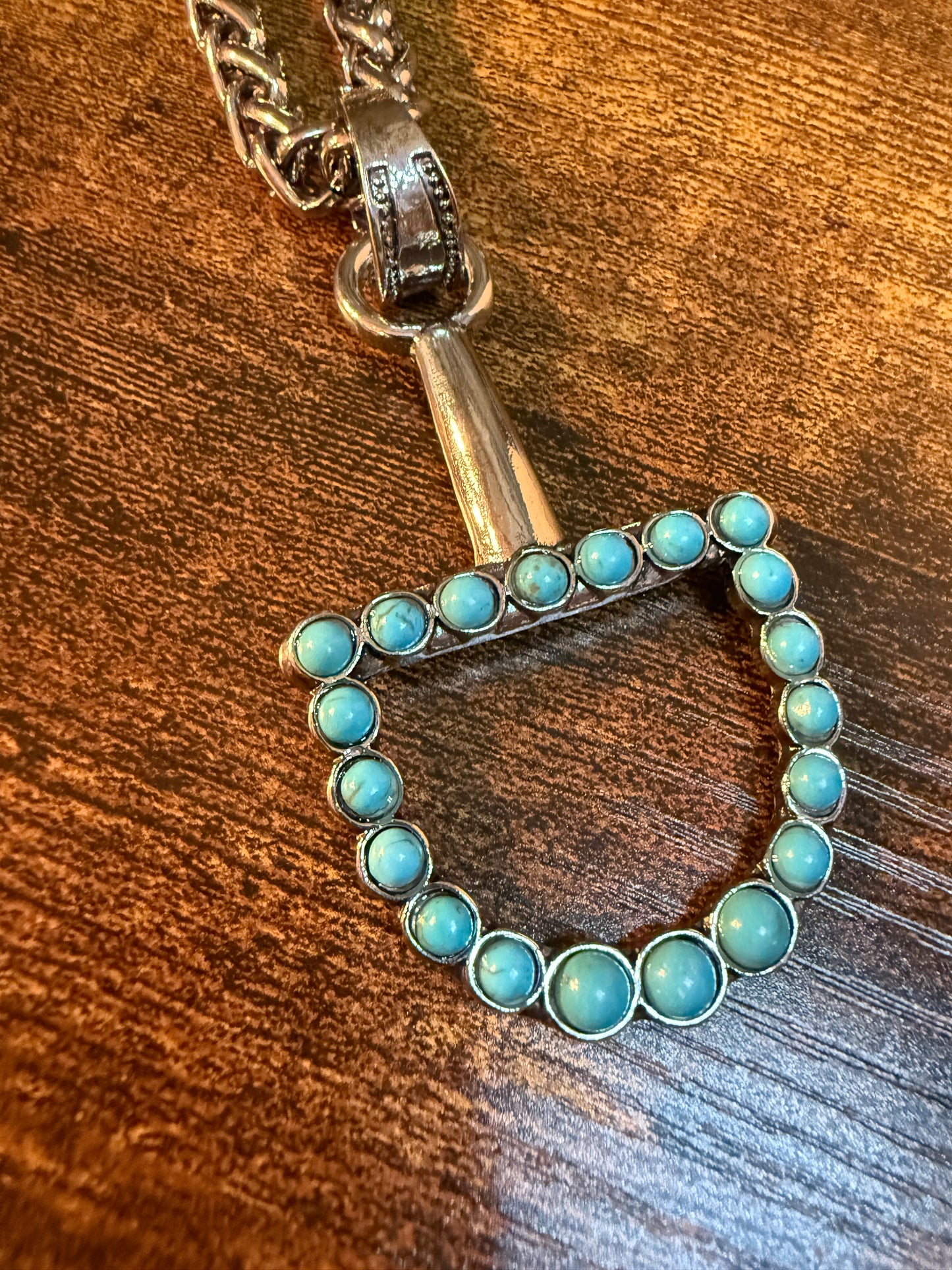 Southwestern Blue Turquoise Horse Bit Pendant Necklace 22 Inch Silver Chain Wild West Boho