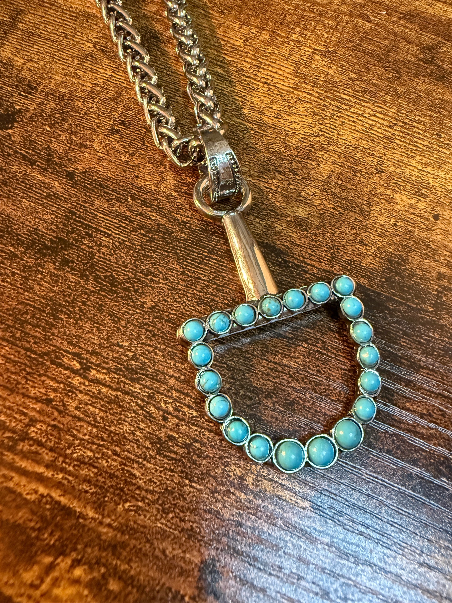 Southwestern Blue Turquoise Horse Bit Pendant Necklace 22 Inch Silver Chain Wild West Boho