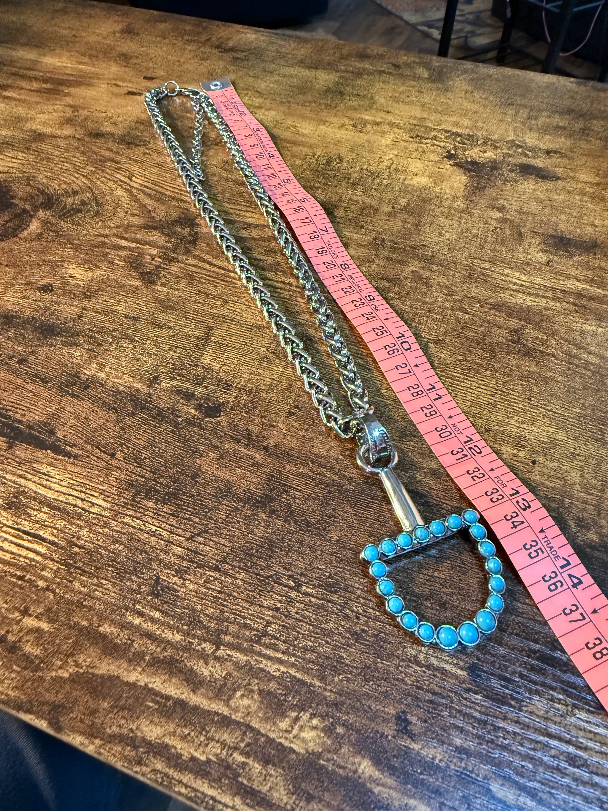 Southwestern Blue Turquoise Horse Bit Pendant Necklace 22 Inch Silver Chain Wild West Boho