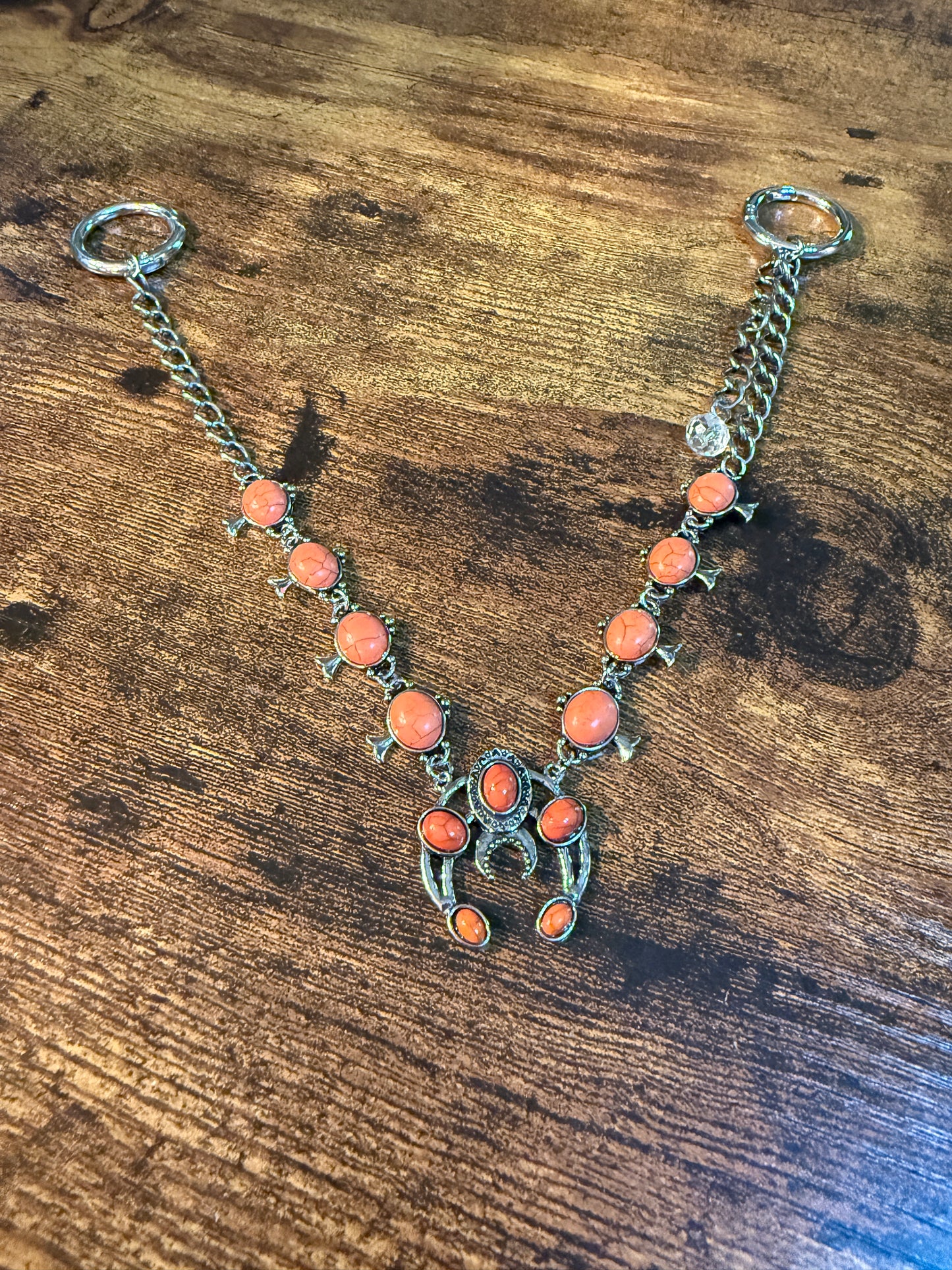 Orange Turquoise Squash Blossom Charms Purse Chain 12 Inch Wild West Boho