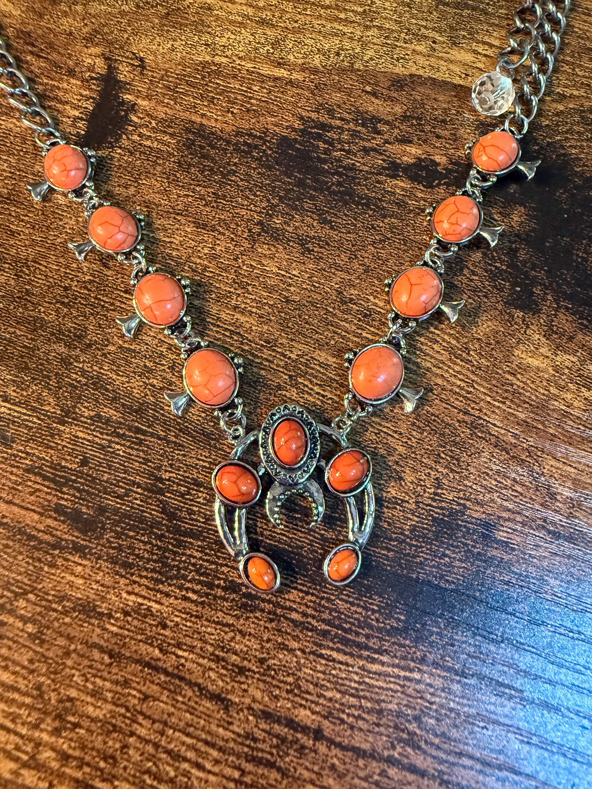 Orange Turquoise Squash Blossom Charms Purse Chain 12 Inch Wild West Boho