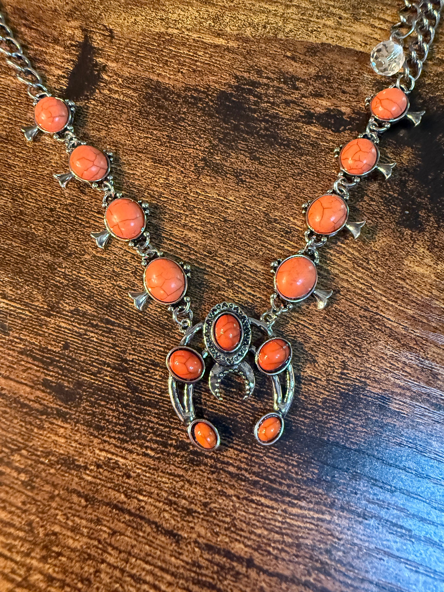 Orange Turquoise Squash Blossom Charms Purse Chain 12 Inch Wild West Boho
