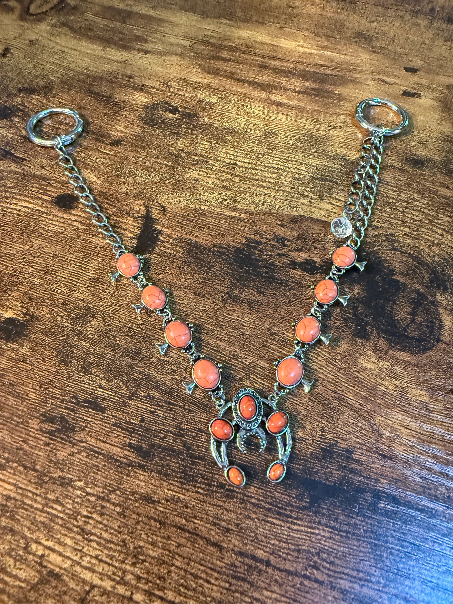 Orange Turquoise Squash Blossom Charms Purse Chain 12 Inch Wild West Boho
