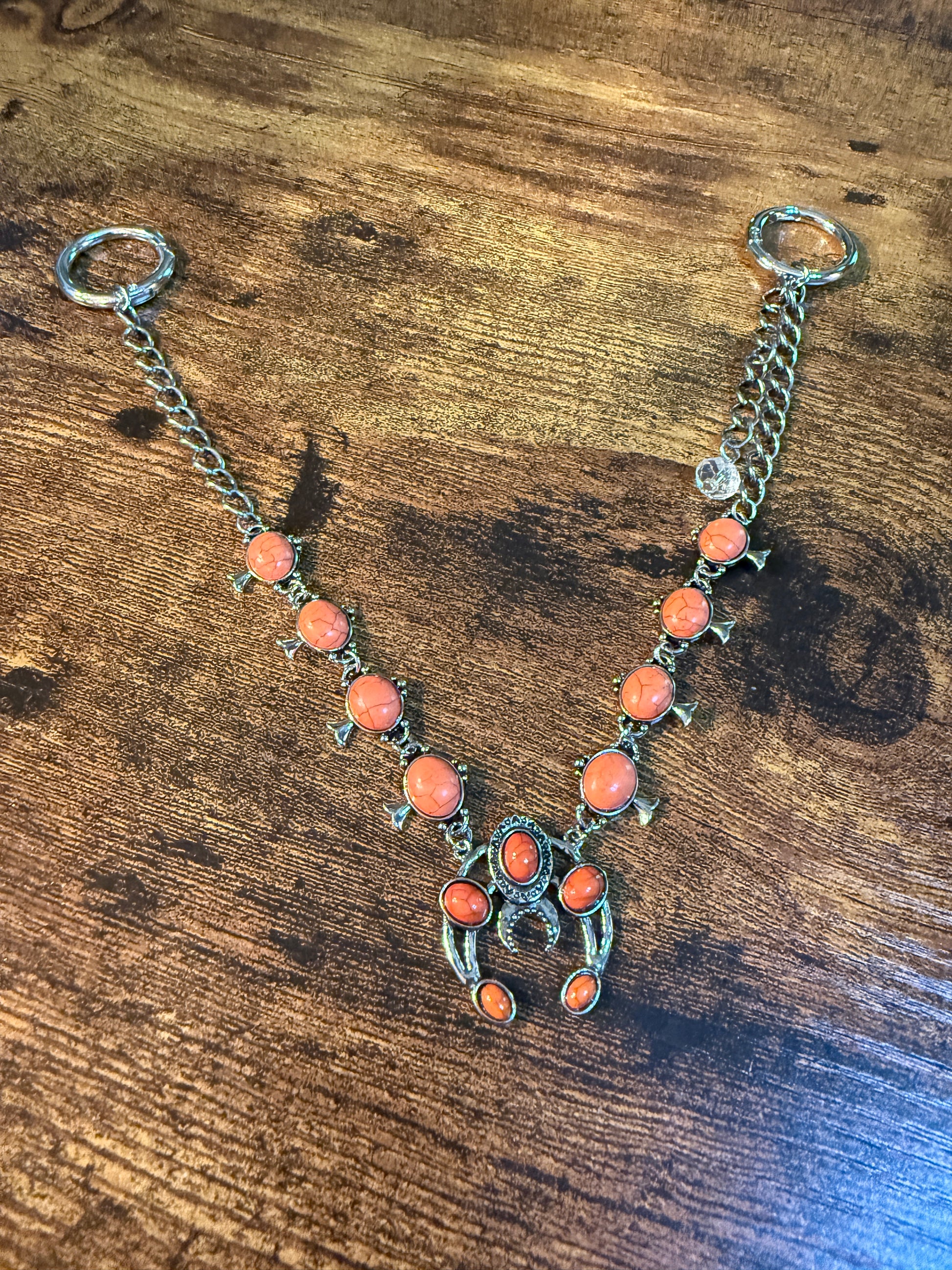 Orange Turquoise Squash Blossom Charms Purse Chain 12 Inch Wild West Boho