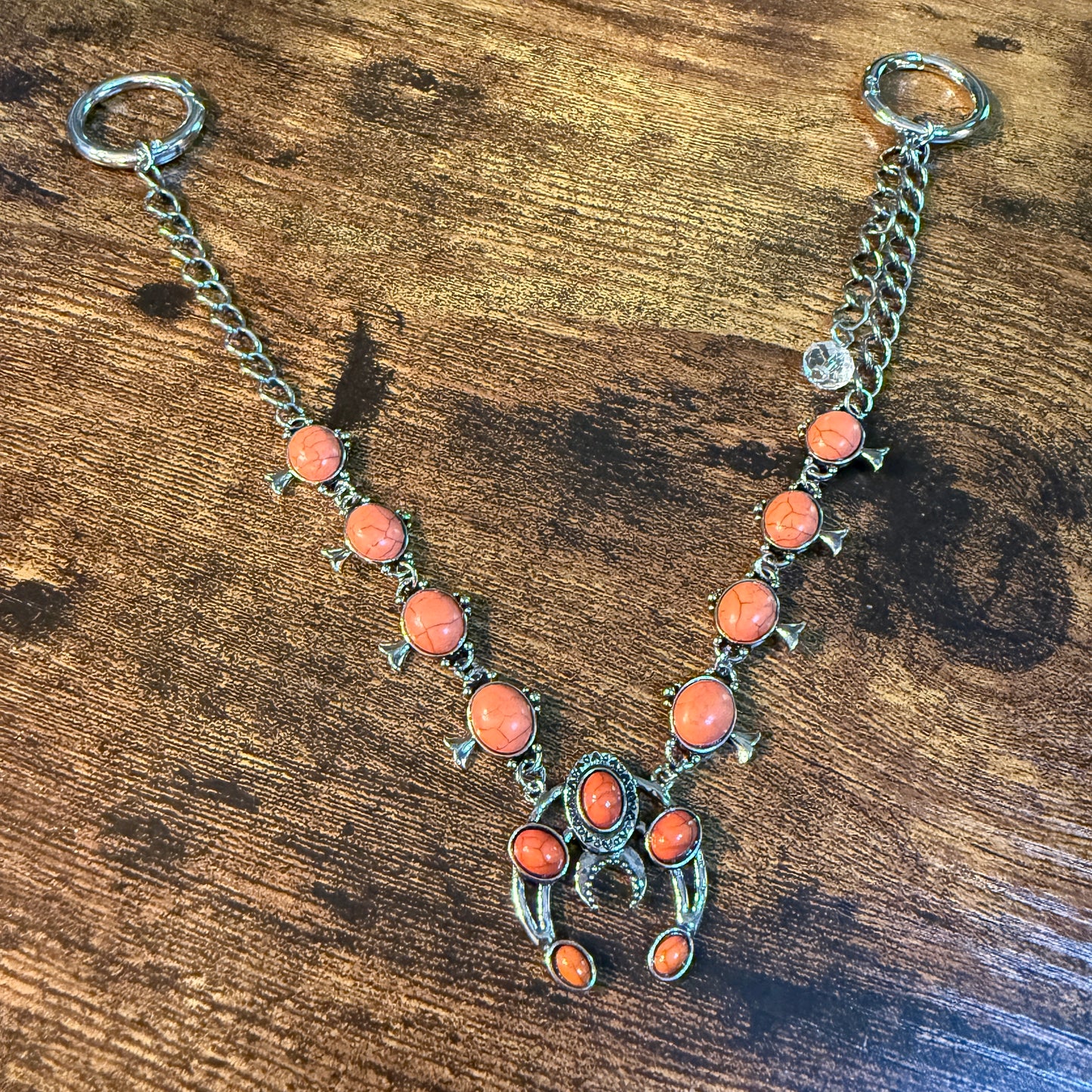 Orange Turquoise Squash Blossom Charms Purse Chain 12 Inch Wild West Boho