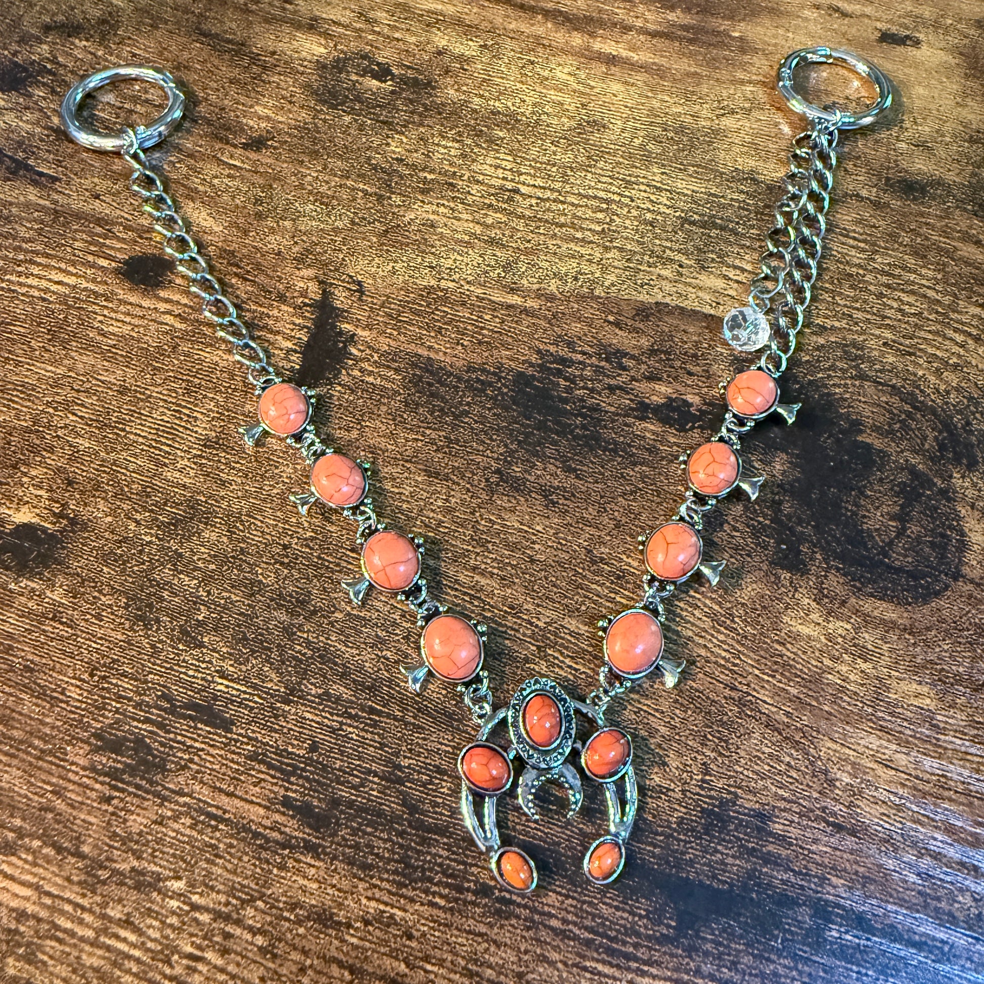 Orange Turquoise Squash Blossom Charms Purse Chain 12 Inch Wild West Boho