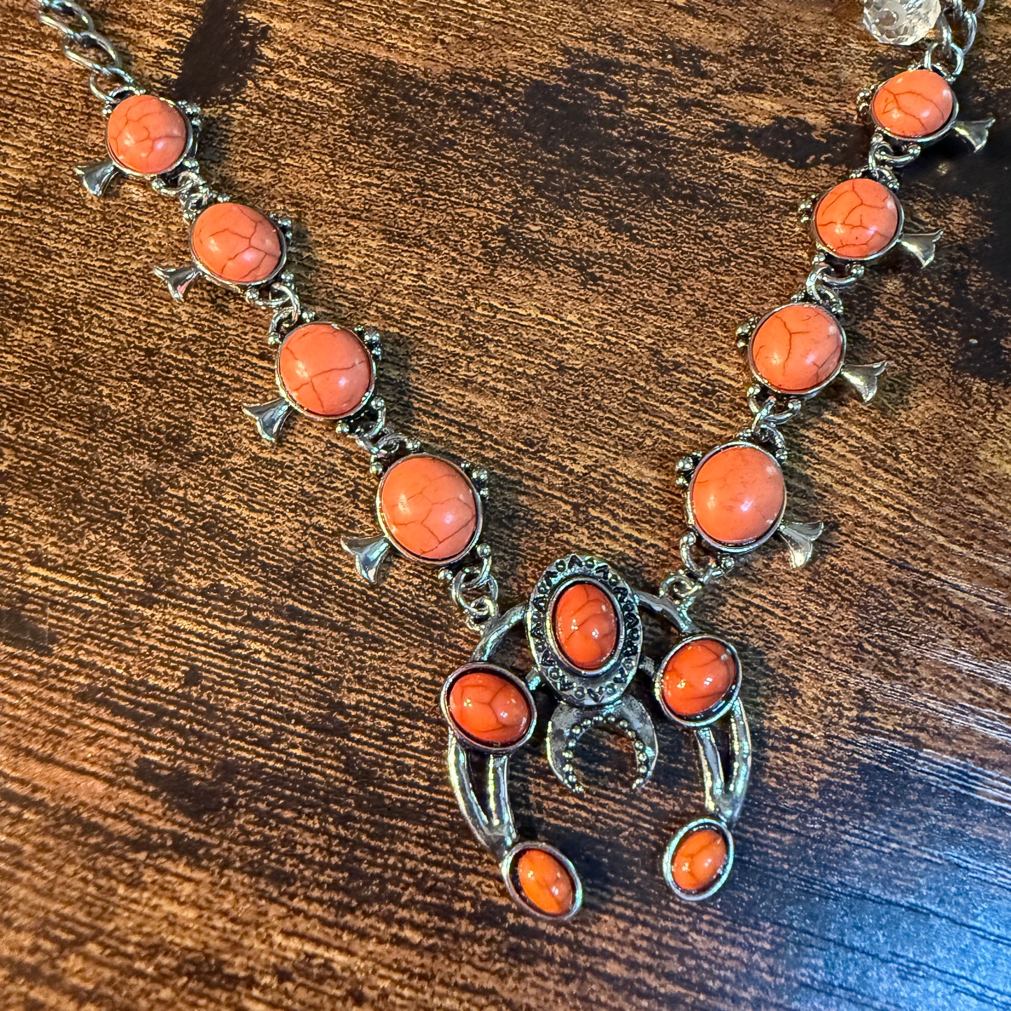 Orange Turquoise Squash Blossom Charms Purse Chain 12 Inch Wild West Boho