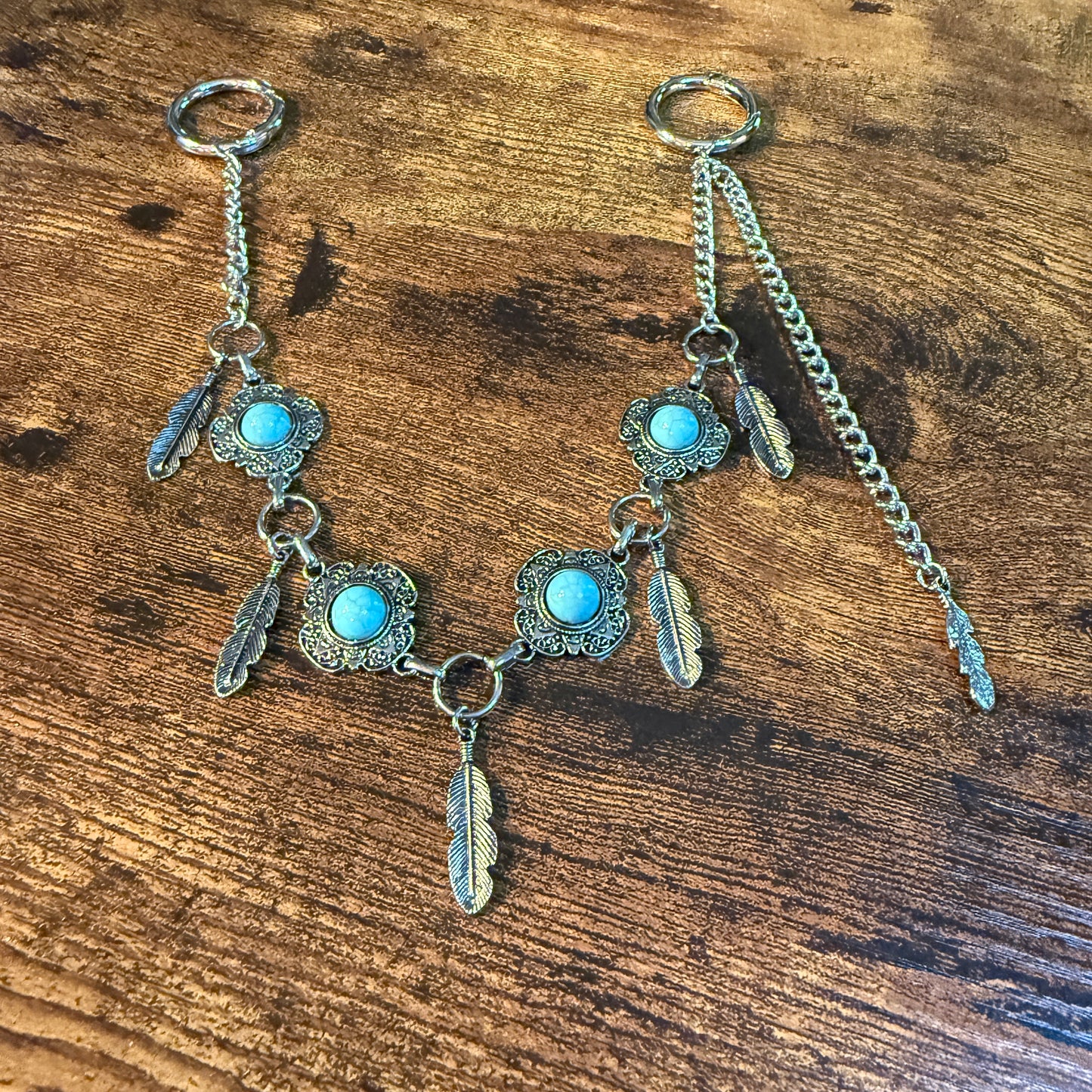 Southwestern Purse Chain With Charms, 12 Inch Silver Metal and Faux Turquoise Wild West Boho