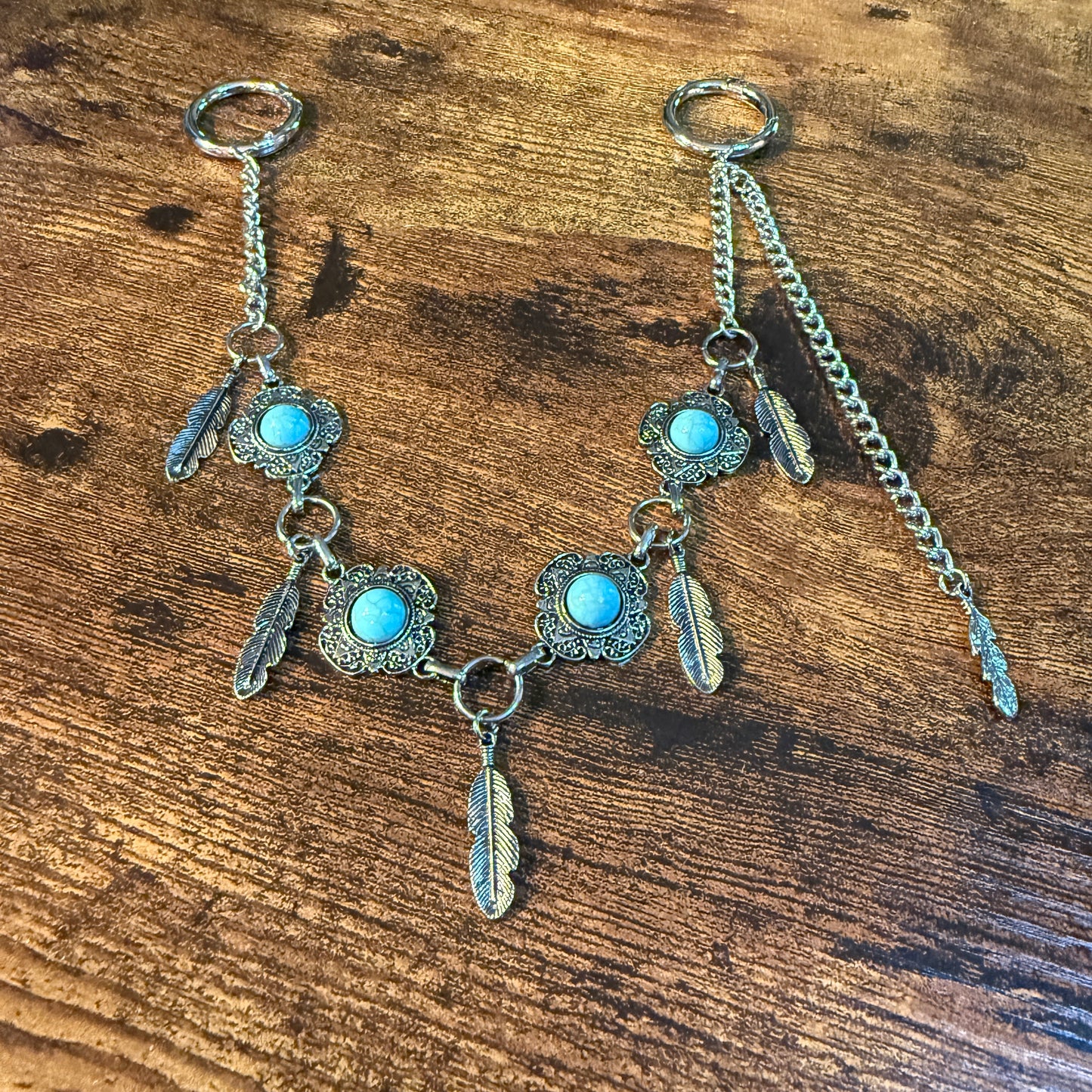 Southwestern Purse Chain With Charms, 12 Inch Silver Metal and Faux Turquoise Wild West Boho