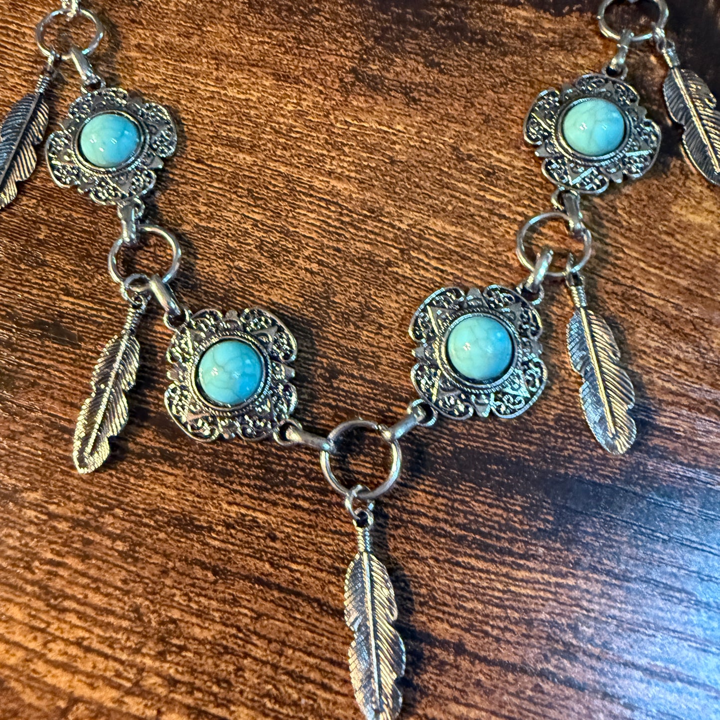 Southwestern Purse Chain With Charms, 12 Inch Silver Metal and Faux Turquoise Wild West Boho