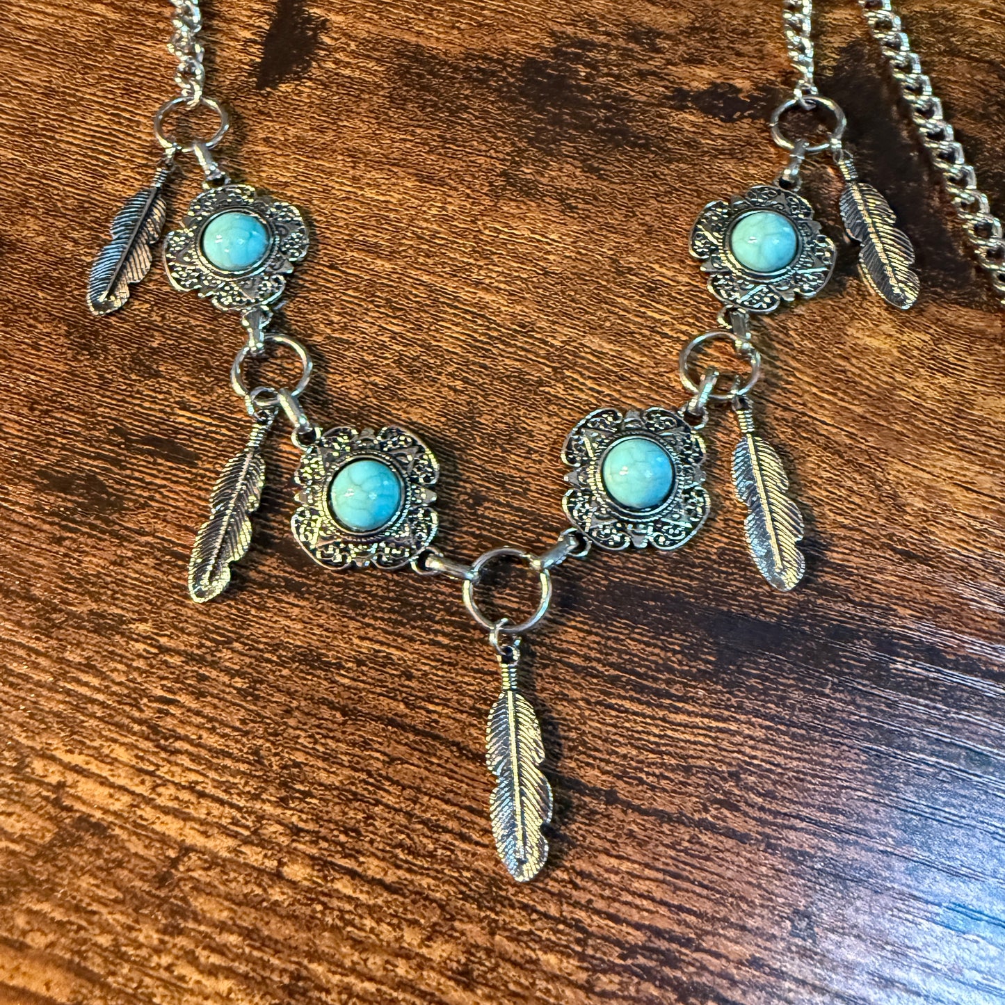 Southwestern Purse Chain With Charms, 12 Inch Silver Metal and Faux Turquoise Wild West Boho