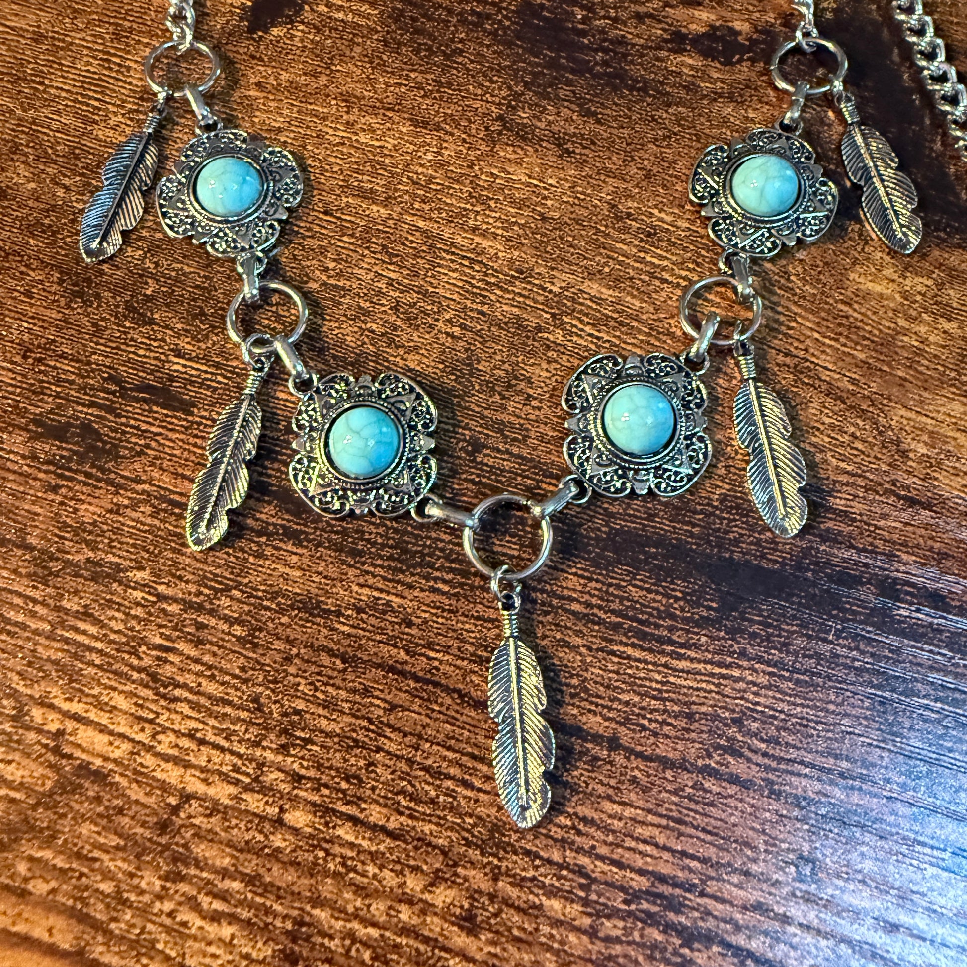Southwestern Purse Chain With Charms, 12 Inch Silver Metal and Faux Turquoise Wild West Boho