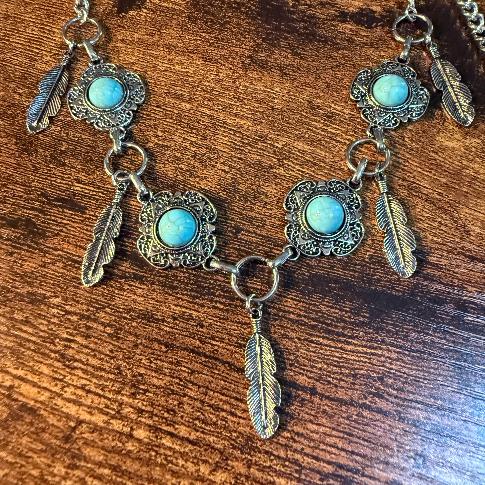 Southwestern Purse Chain With Charms, 12 Inch Silver Metal and Faux Turquoise Wild West Boho