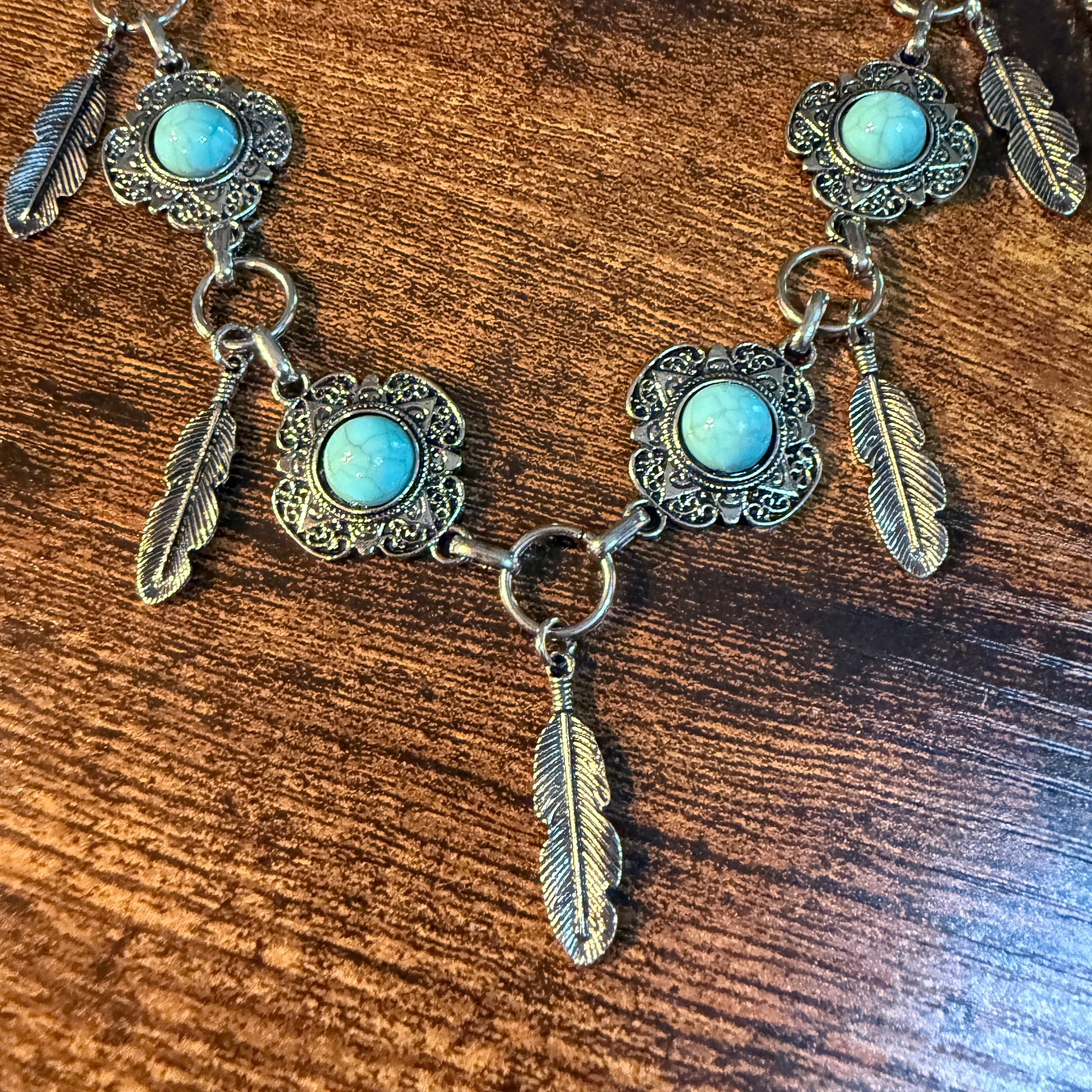 Southwestern Purse Chain With Charms, 12 Inch Silver Metal and Faux Turquoise Wild West Boho