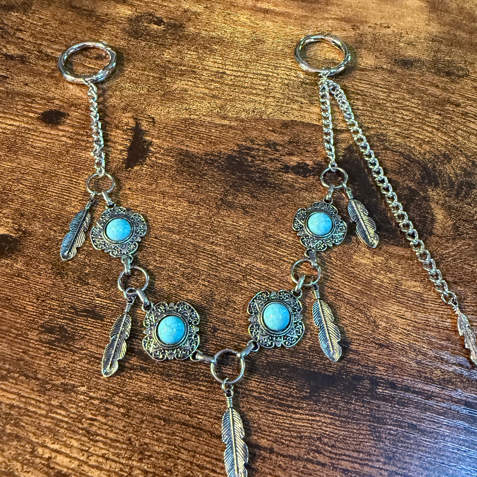 Southwestern Purse Chain With Charms, 12 Inch Silver Metal and Faux Turquoise Wild West Boho
