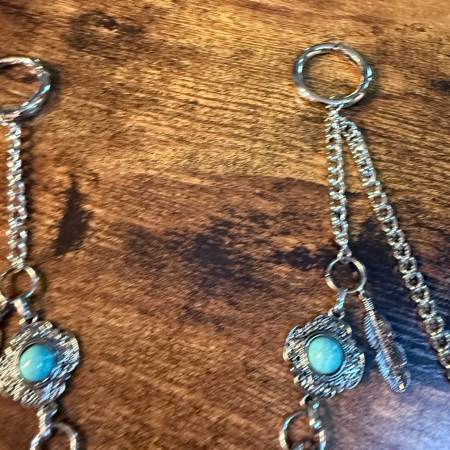 Southwestern Purse Chain With Charms, 12 Inch Silver Metal and Faux Turquoise Wild West Boho